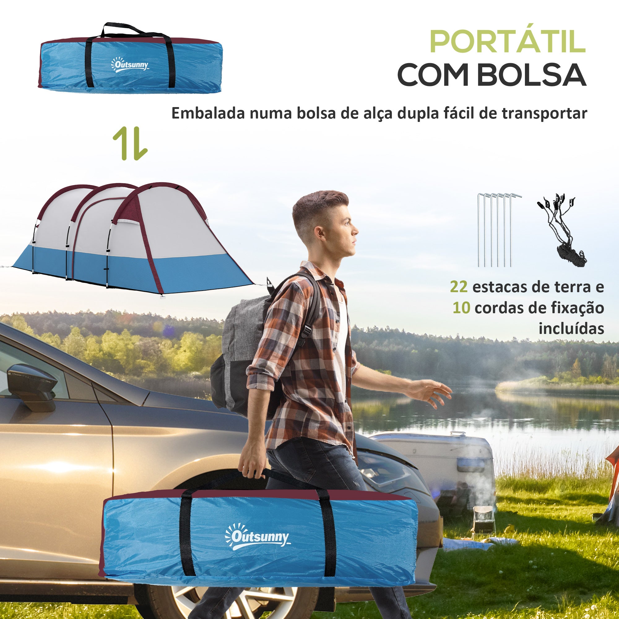 Tenda de Campismo Familiar 2-3 Pessoas 420x200x150 cm - Cinza Claro, Azul Claro e Vermelho