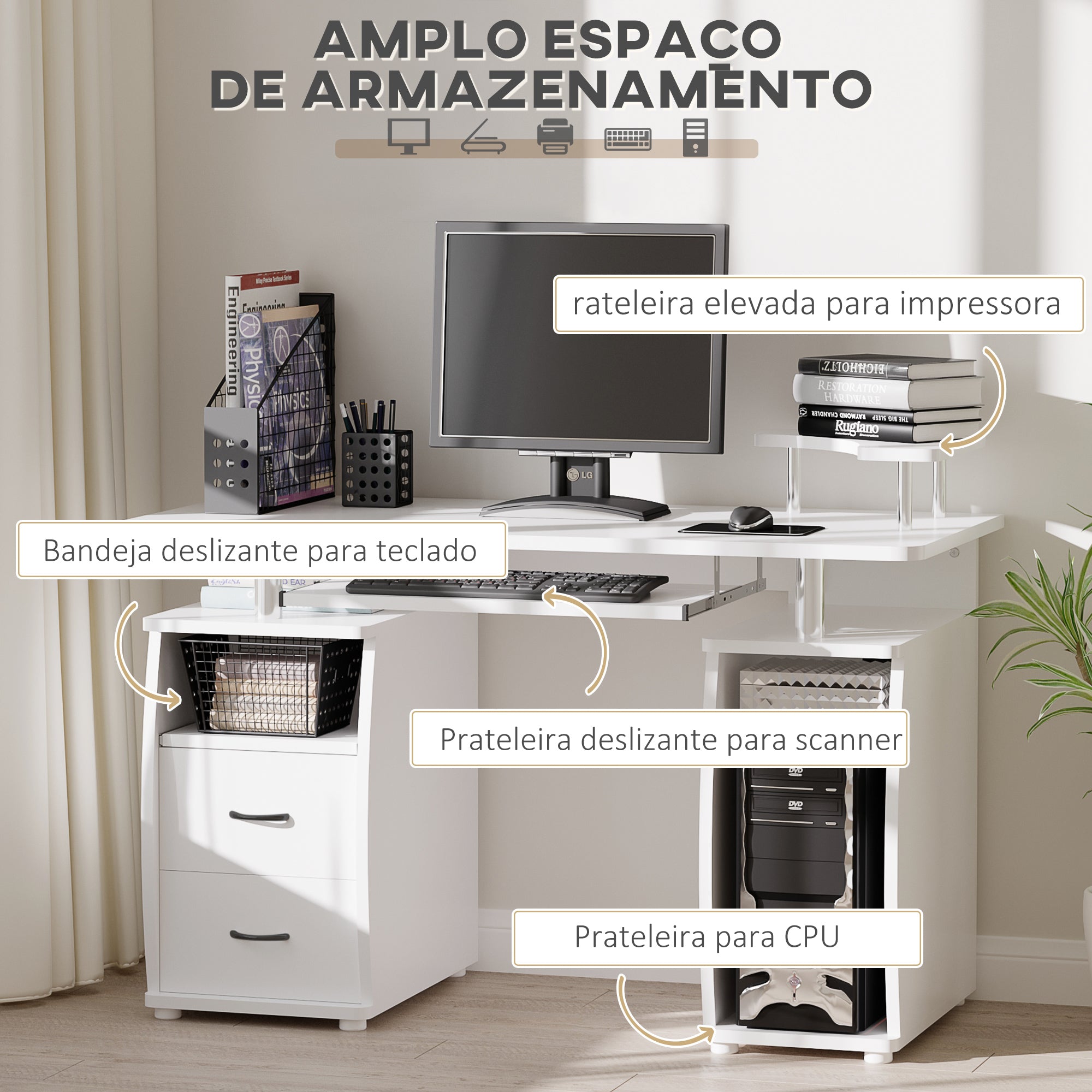 Mesa de Computador Compacta – 120x55x85 cm – Branco – Melamina
