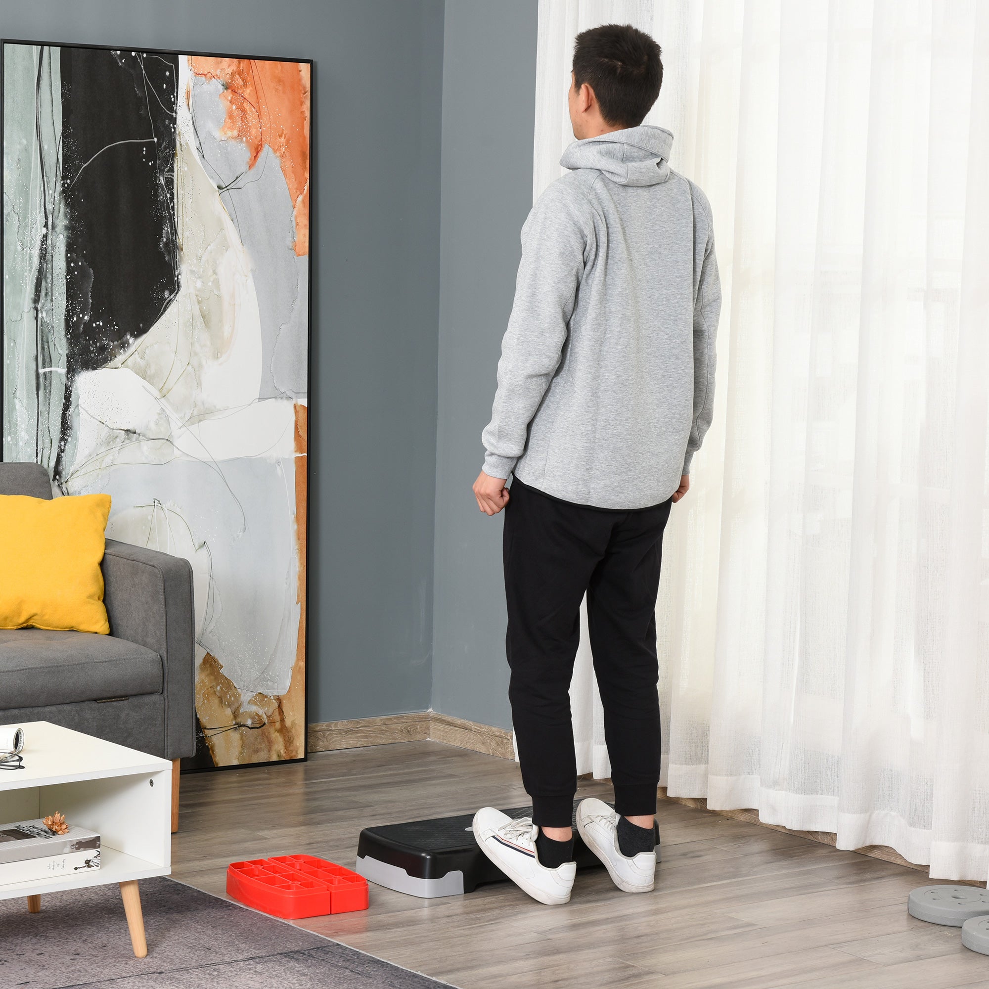 Step Aeróbico Plataforma Step Altura Ajustável 68x29x10-15cm Preto, Cinza e Vermelho