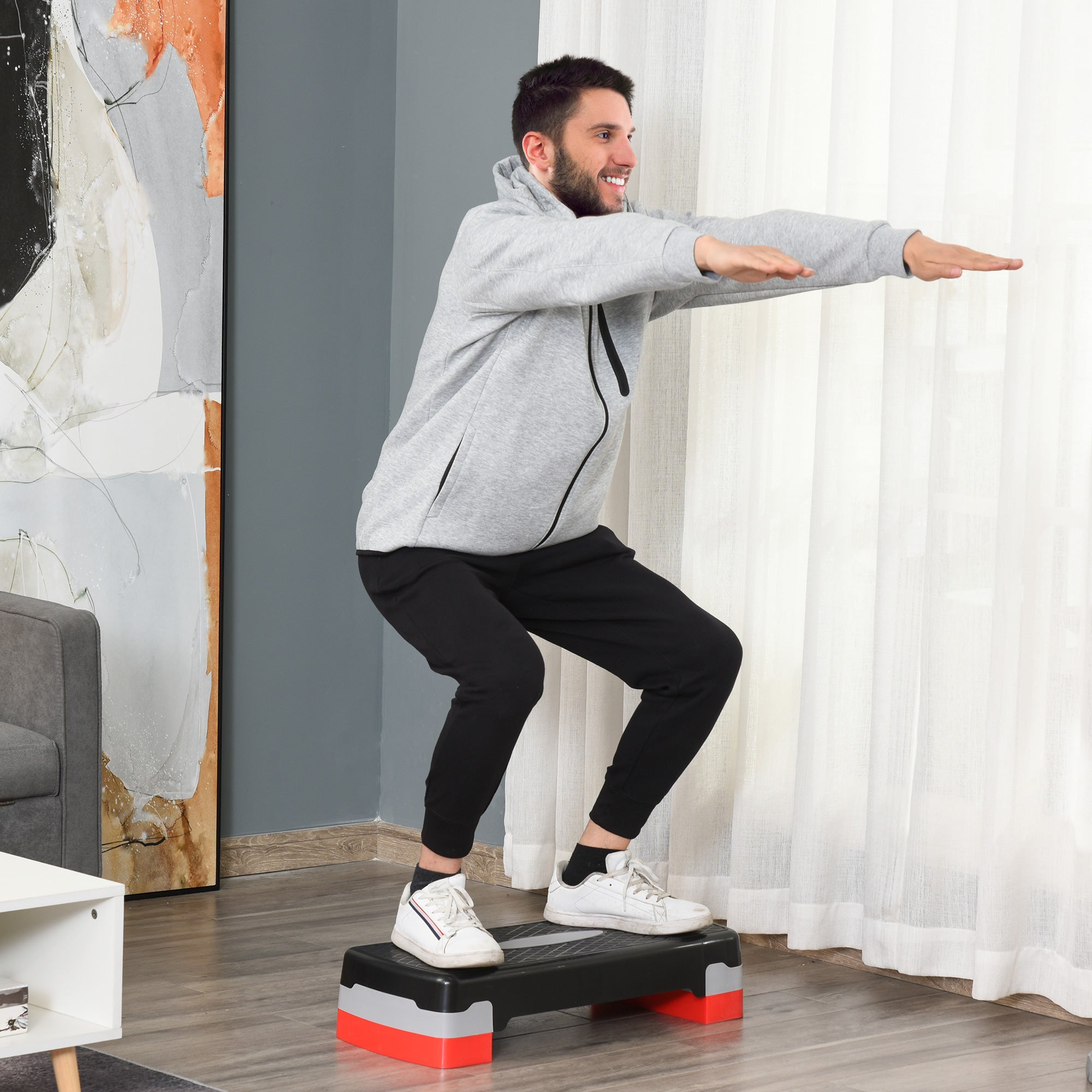 Step Aeróbico Plataforma Step Altura Ajustável 68x29x10-15cm Preto, Cinza e Vermelho