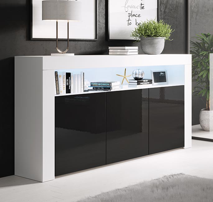 Aparador – 155 cm x 91,5 cm x 37 cm – Branco e Preto – Melamina