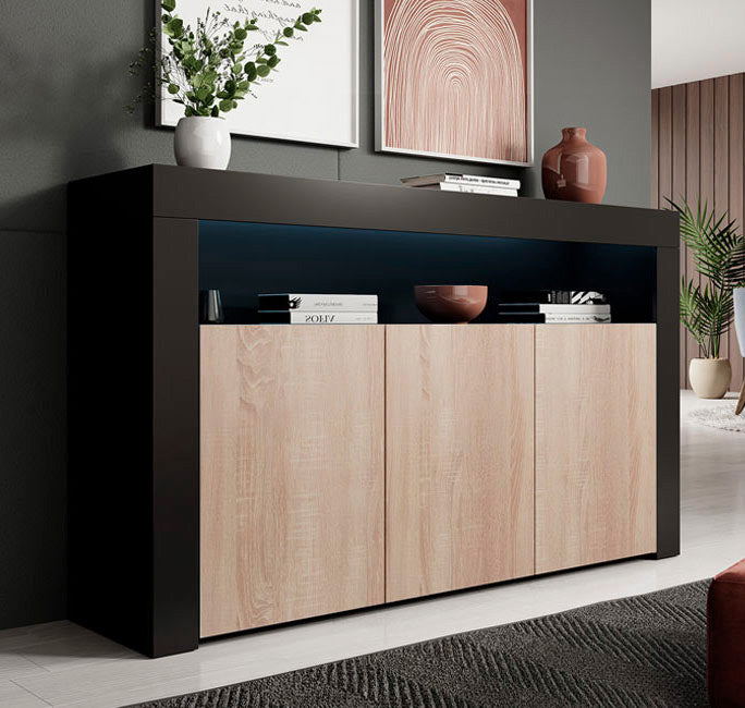 Aparador – 155 cm x 91,5 cm x 37 cm – Preto e Sonoma – Material mate