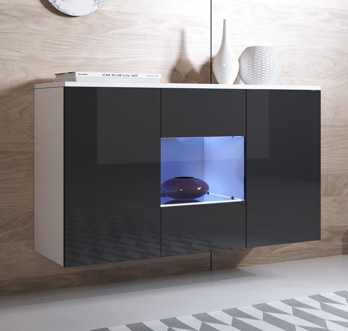 Aparador – 120cm x 70cm x 40cm – Branco e Preto – Melamina e Metacrilato