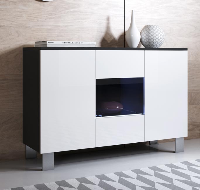 Aparador – 120x82cm – Preto e Branco – Melamina e Alumínio