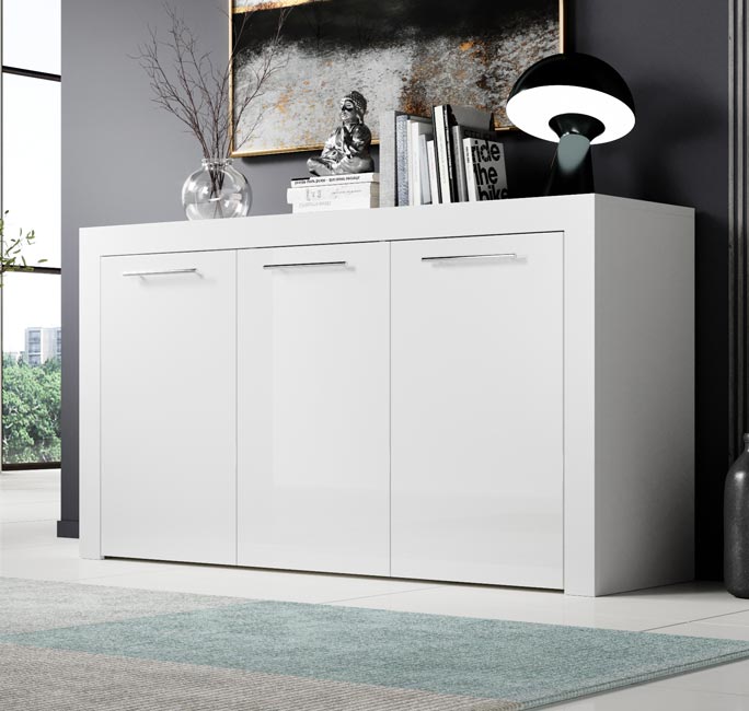 Aparador – 144cm Largura x 80cm Altura x 42cm Profundidade – Branco Brilhante – Alto brilho e aço inoxidável