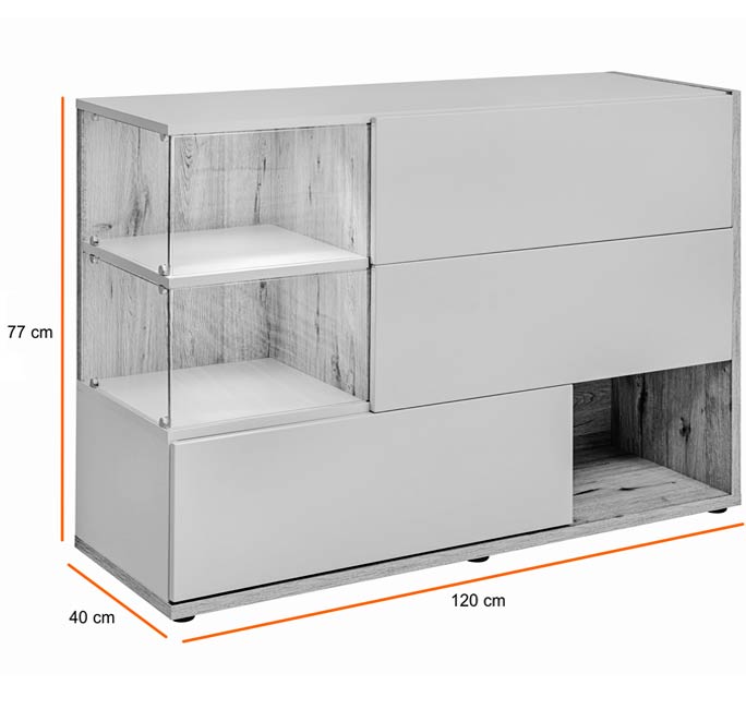 Aparador elegante – 120 cm x 77 cm x 40 cm – Branco e Cinzento – Melamina com MDF e Vidro