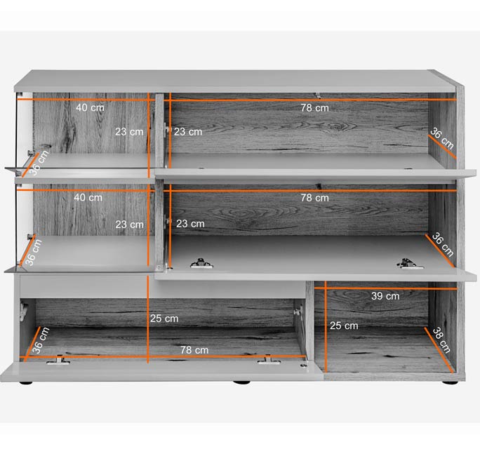 Aparador elegante – 120 cm x 77 cm x 40 cm – Branco e Cinzento – Melamina com MDF e Vidro