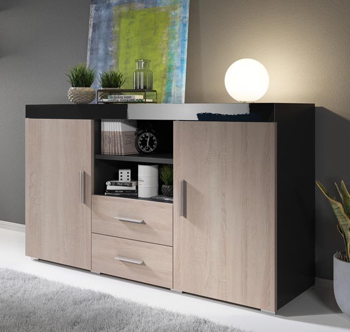 Aparador moderno em negro e sonoma – 140 cm x 82 cm x 40 cm – material melamina