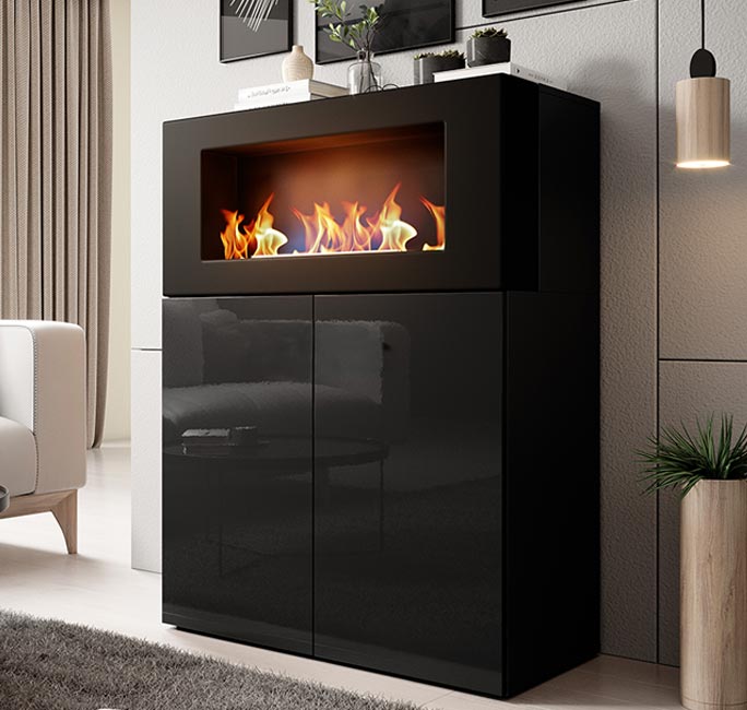 Aparador com lareira – 90 x 112 x 40 cm – preto – aço