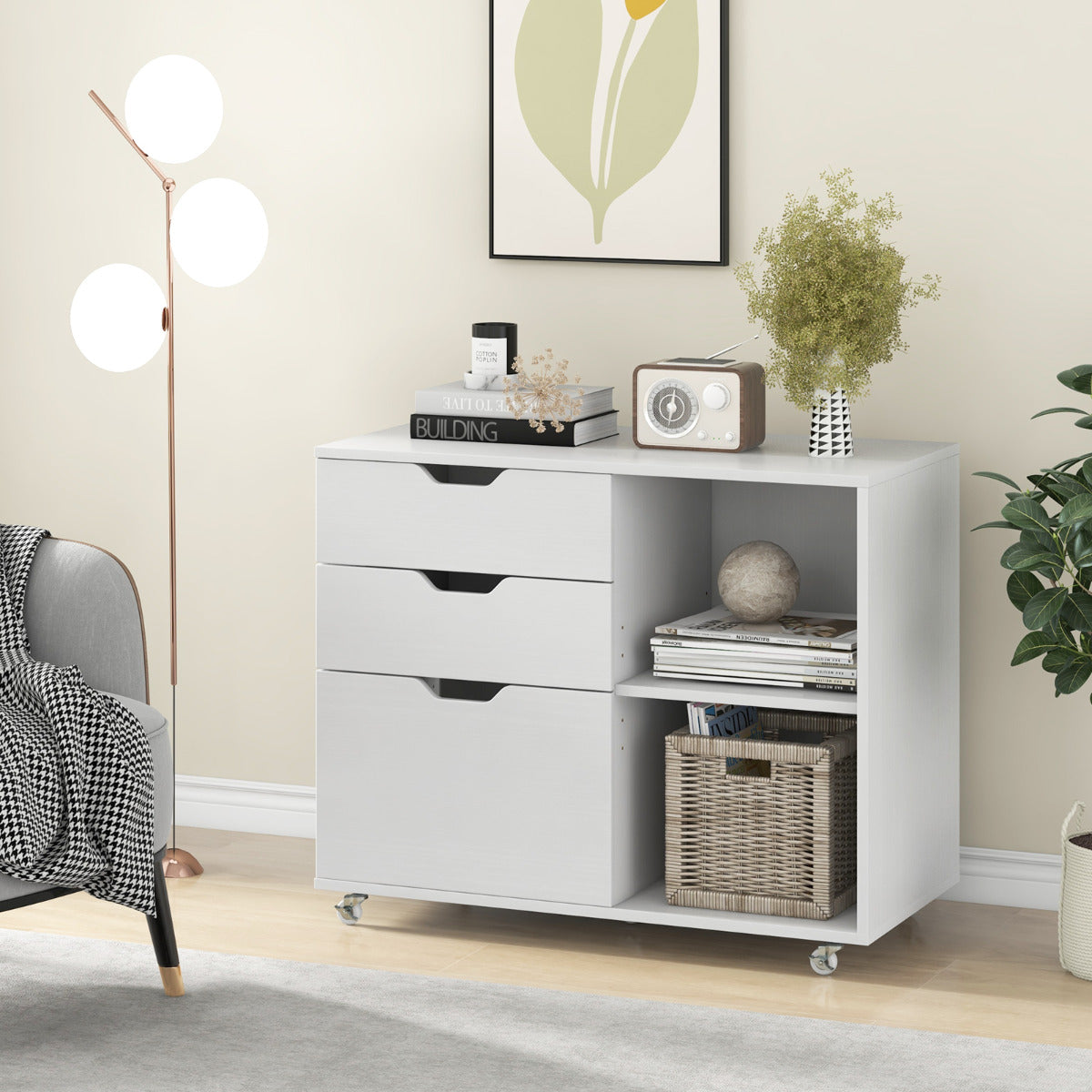 Archivador com Suporte para Impressora e Estante Ajustável em Rodas – 3 Gavetas – Branco – Material não especificado