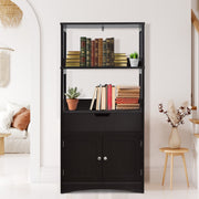 Armário de Casa de Banho com 3 Prateleiras, 1 Gaveta, 1 Armário de Arrumação – 60 x 32,5 x 122 cm – Preto – MDF