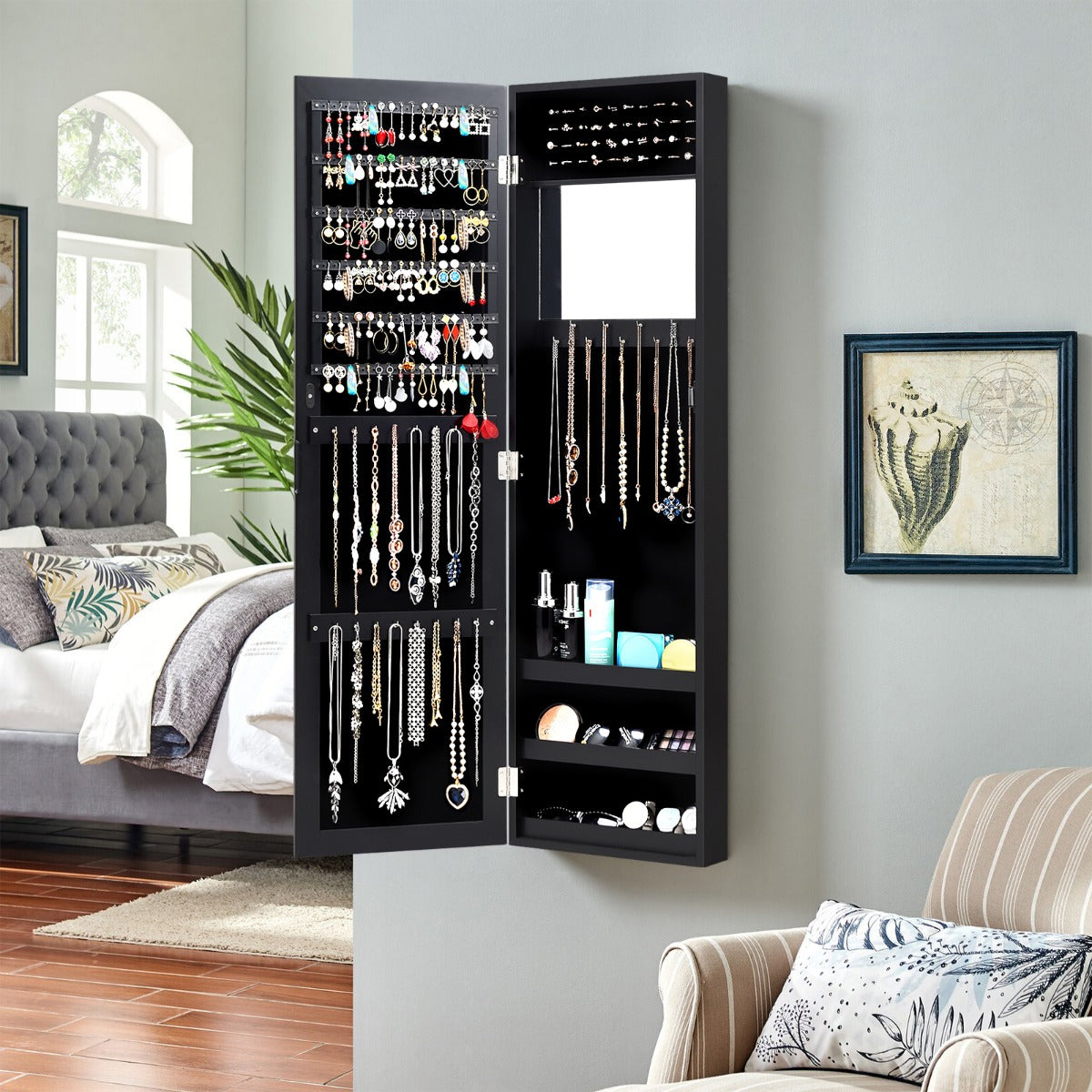 Joalheiro com Espelho de Corpo Inteiro – 31,5 x 8,5 x 110 cm – Preto – MDF e vidro