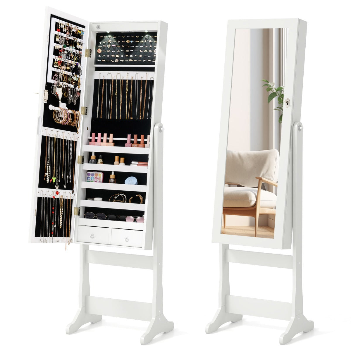 Armário de Jóias com Espelho de Corpo Inteiro e Luzes LED 4 Ângulos de Inclinação Ajustáveis 41 x 37 x 146 cm - Branco