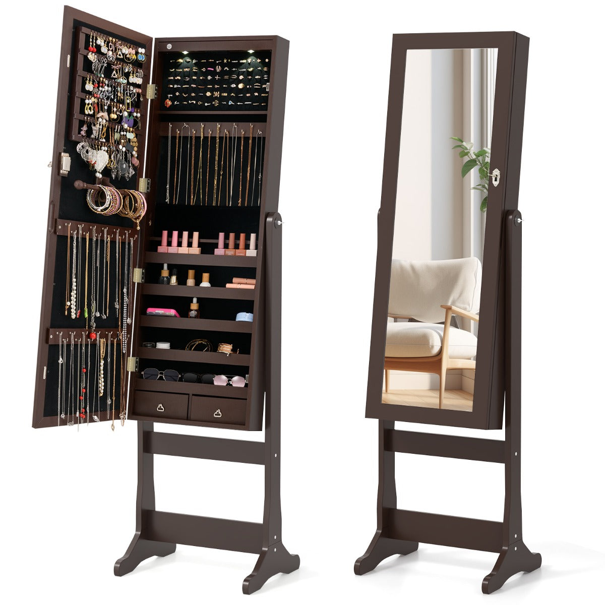 Armário de Joalharia com Espelho de Corpo Inteiro e Luzes LED 4 Ângulos de Inclinação Ajustáveis 41 x 37 x 146 cm Castanho