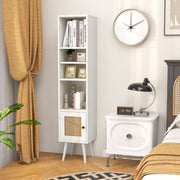 Aparador Alto de Armazenamento em Rattan Estreito e Autónomo com Porta E Prateleira Ajustável para Sala de Estar 29,5 x 29,5 x 137 cm Branco