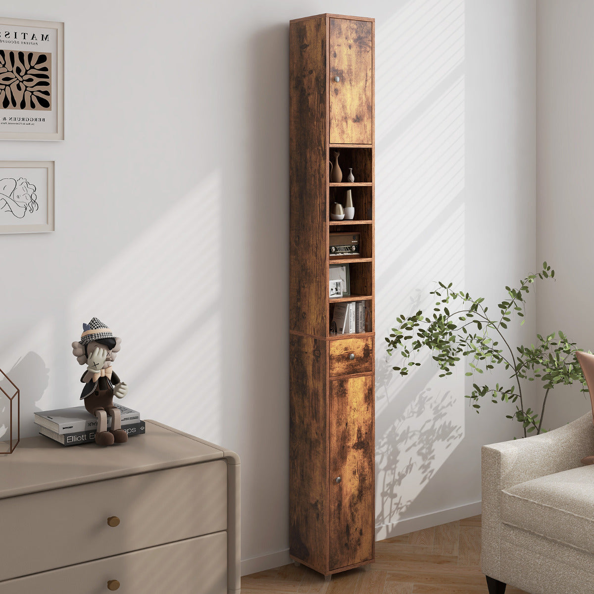 Armário Alto de Casa de Banho – 20 x 20 x 180 cm – Café – MDF