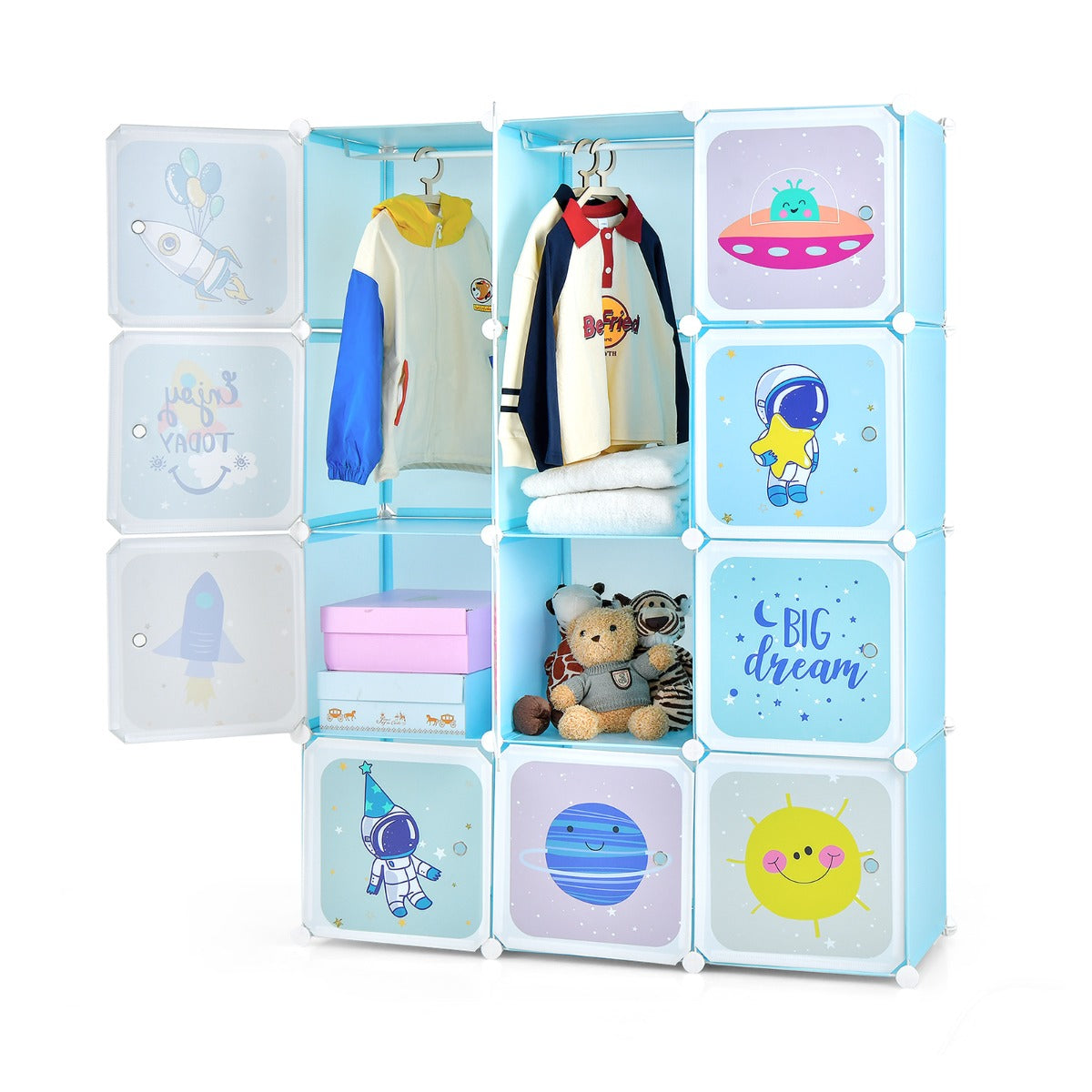 Armário Modular Infantil Portátil com 12 Cubos e 2 Secções para Pendurar Brinquedos, Sapatos e Roupa - Azul
