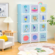 Armário Modular Infantil Portátil com 12 Cubos e 2 Secções para Pendurar Brinquedos, Sapatos e Roupa - Azul
