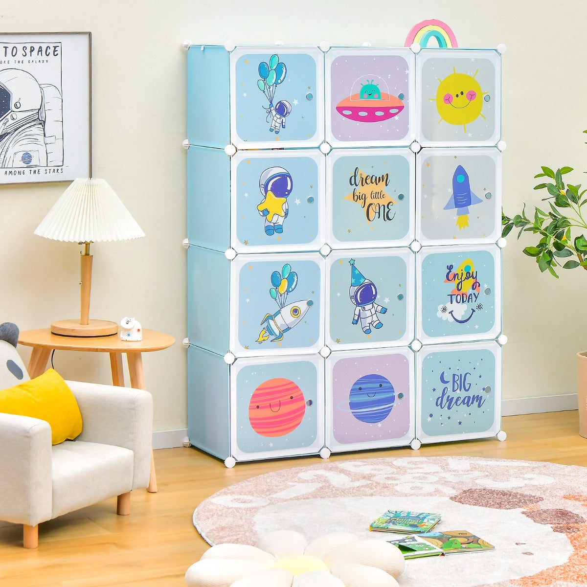 Armário Modular Infantil Portátil com 12 Cubos e 2 Secções para Pendurar Brinquedos, Sapatos e Roupa - Azul
