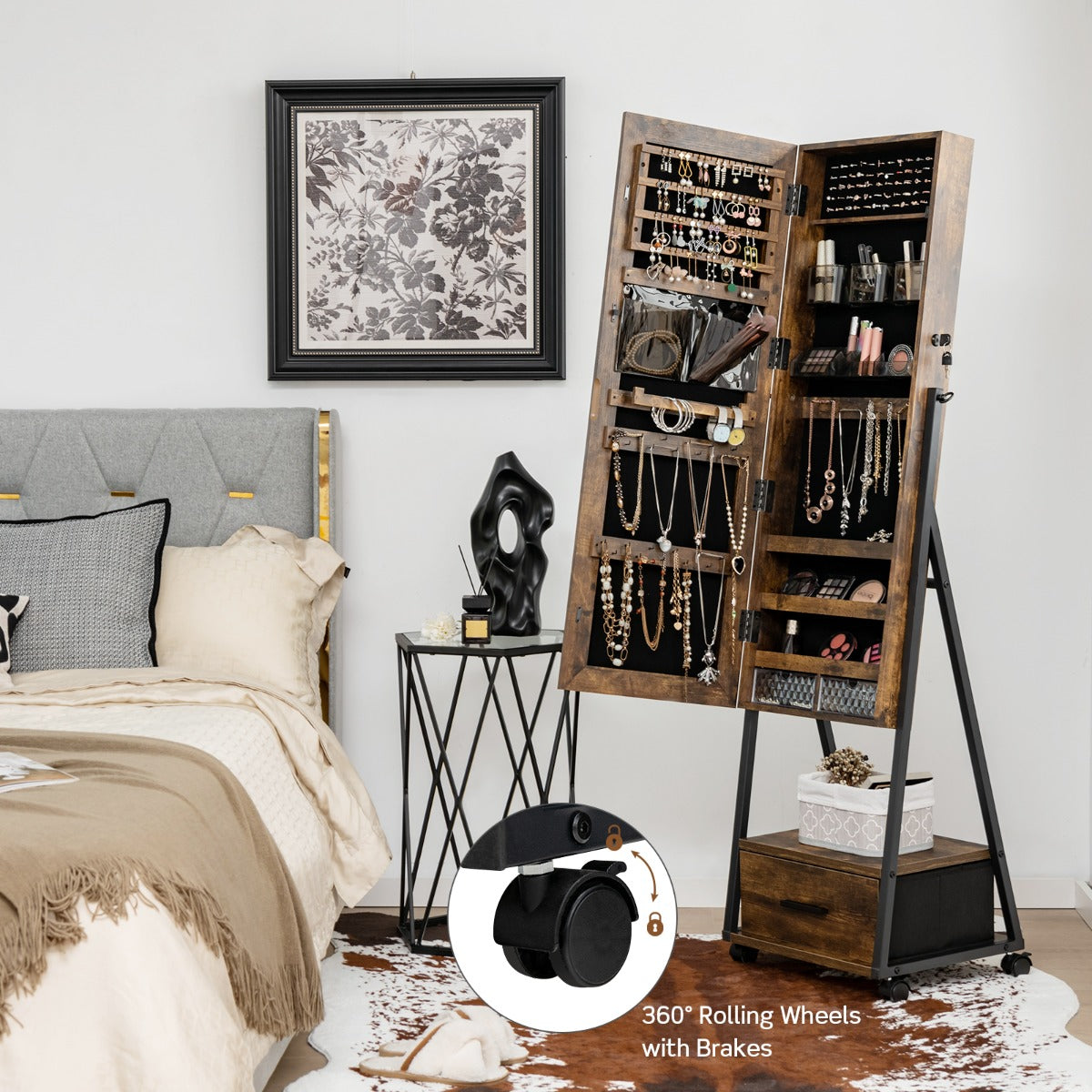 Armário para Joias com Espelho de Corpo Inteiro – 42 x 38 x 157 cm – Castanho – MDF e metal