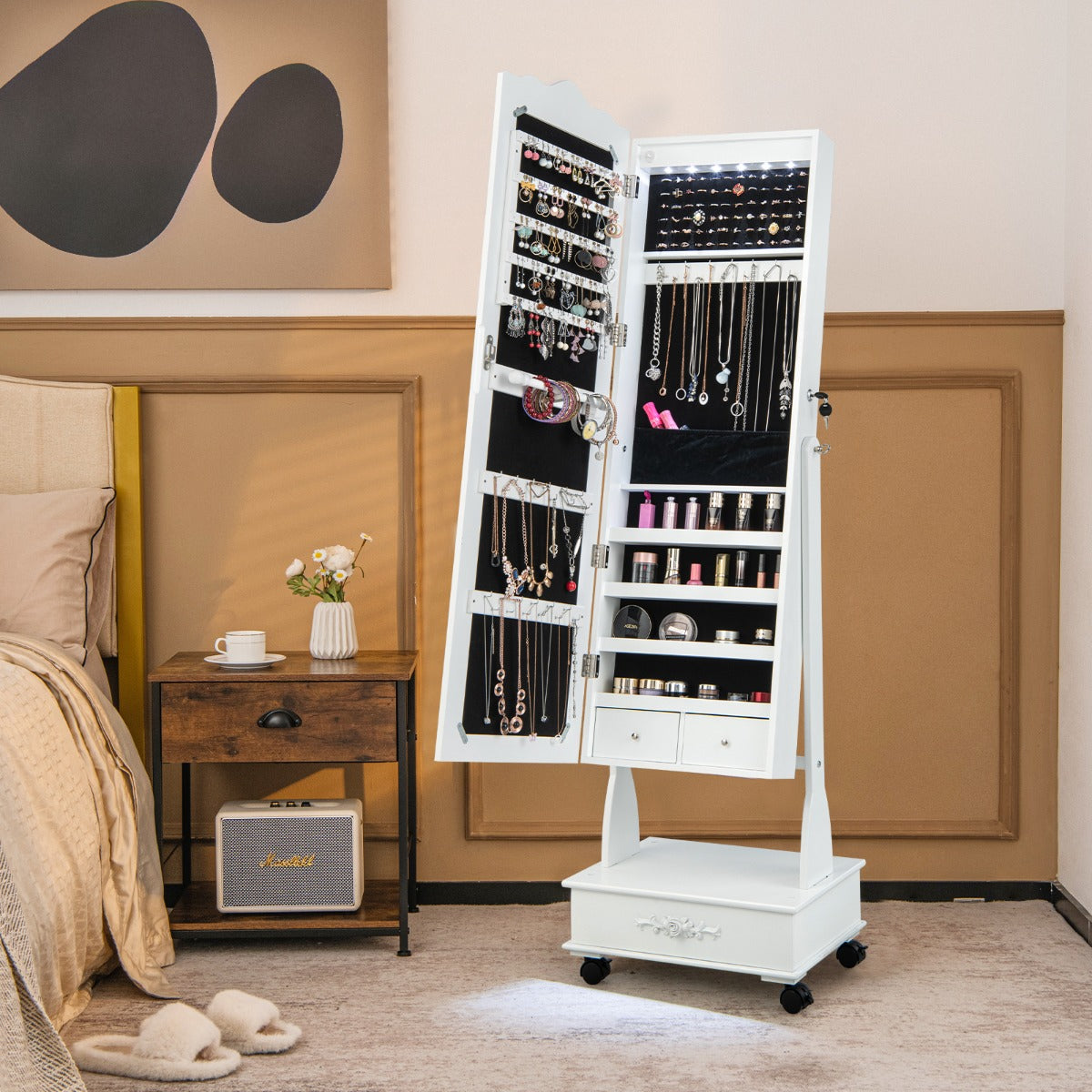 Armário para Joias Organizador com Fechadura e 3 Posições Ajustáveis 4 Rodas e Espelho de Corpo 45 x 35 x 157 cm Branco