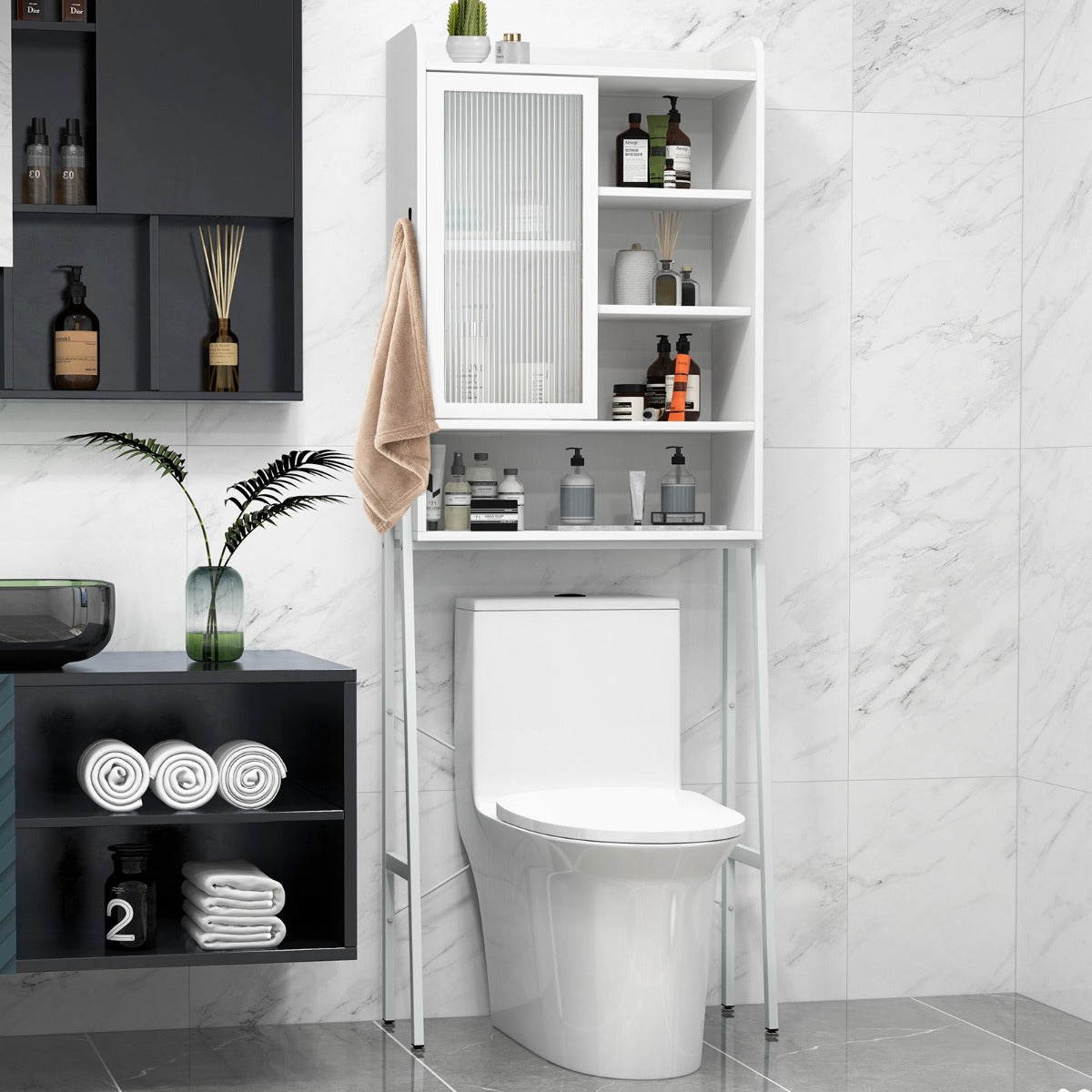 Armário de Armazenamento sobre o Vaso Sanitário – 63 x 29 x 170 cm – Branco – Acrílico e Metal
