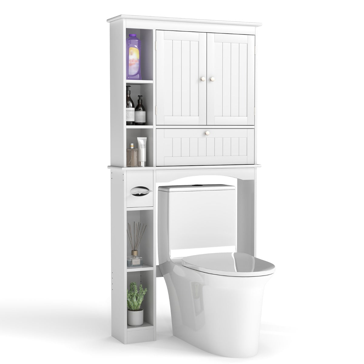 Armário de Armazenamento Sobre o Vaso Sanitário com 2 Portas Prateleira Ajustável e Barra Inferior Suporte para Papel Higiénico Organizador Branco
