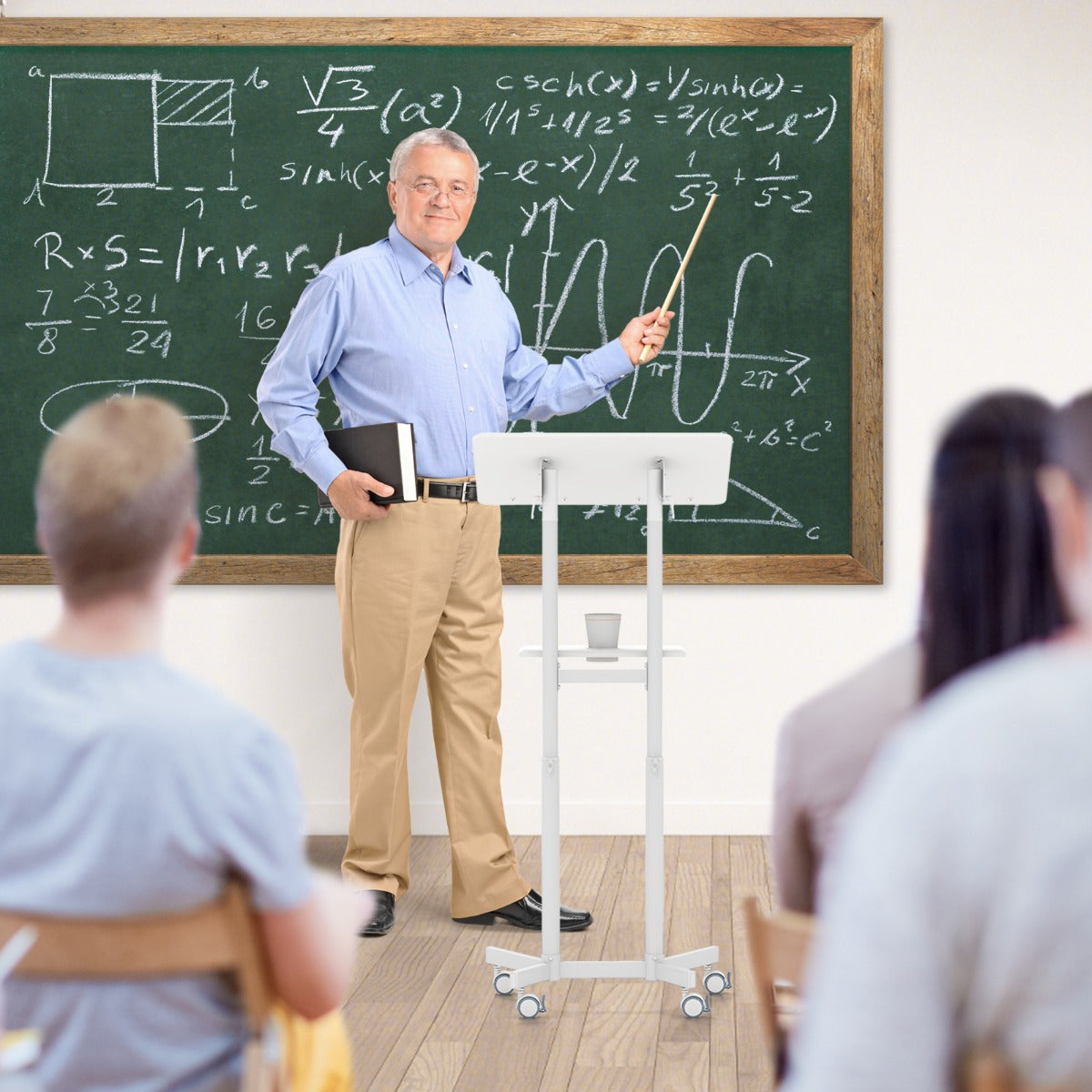 Atril Móvel e Suporte para Púlpito de Altura Ajustável com Mesa Inclinável Bandeja de Armazenamento e Porta Copos Branco