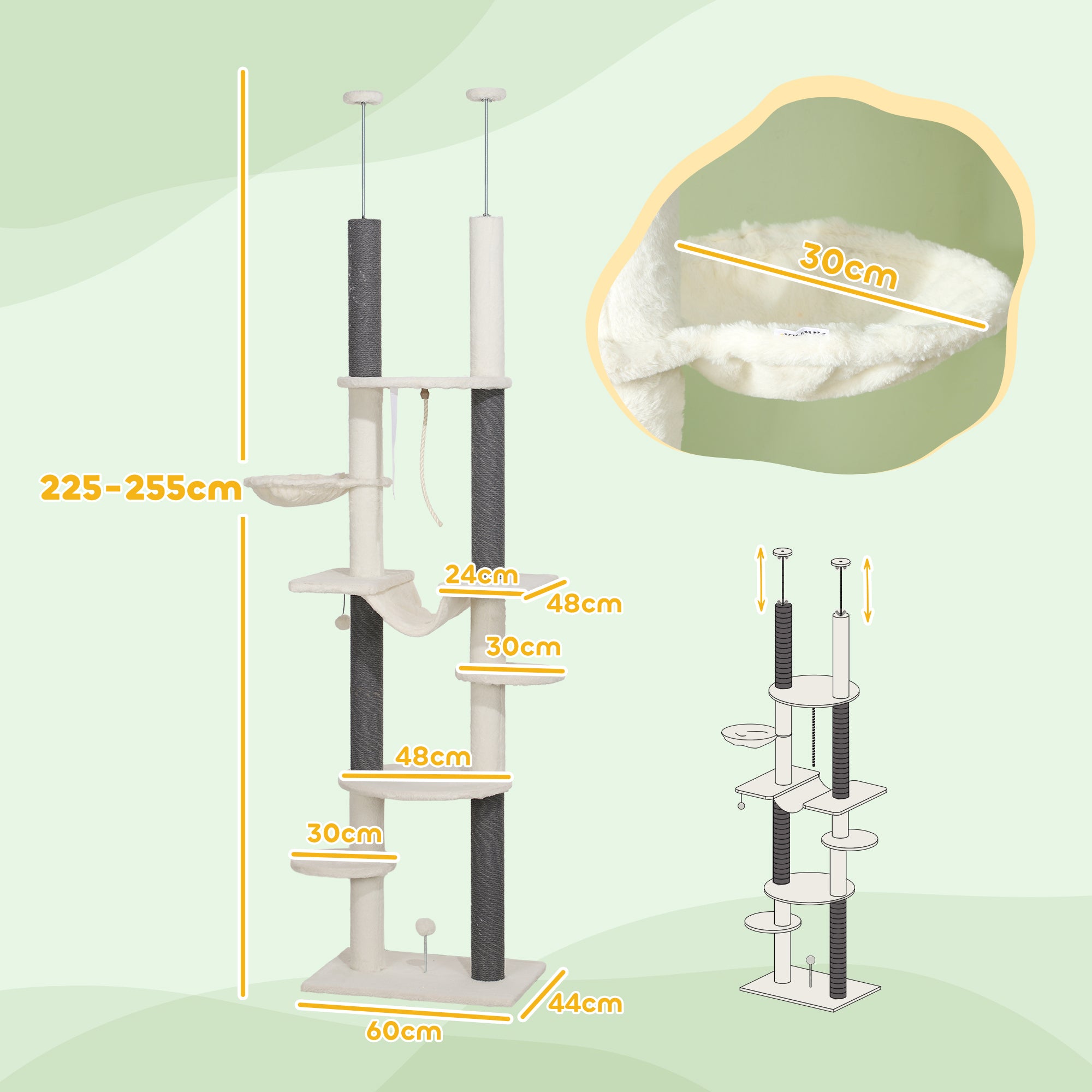 Arranhador para Gatos – 60x44x225-255 cm – Creme e Cinza – Aglomerado de madeira, pelúcia e corda de algodão