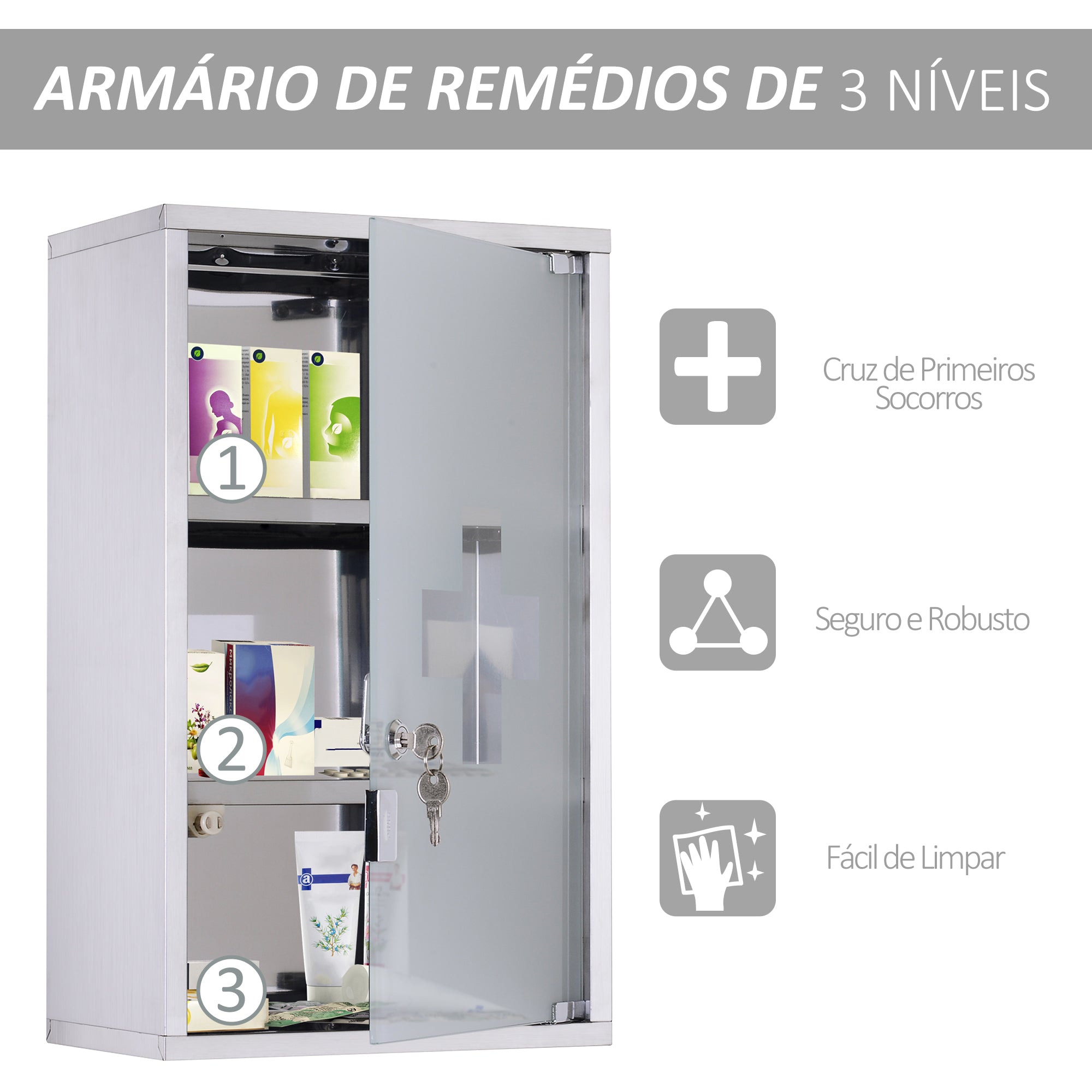 Armário de remédios de aço inoxidável 30x18x50 cm - Plateado