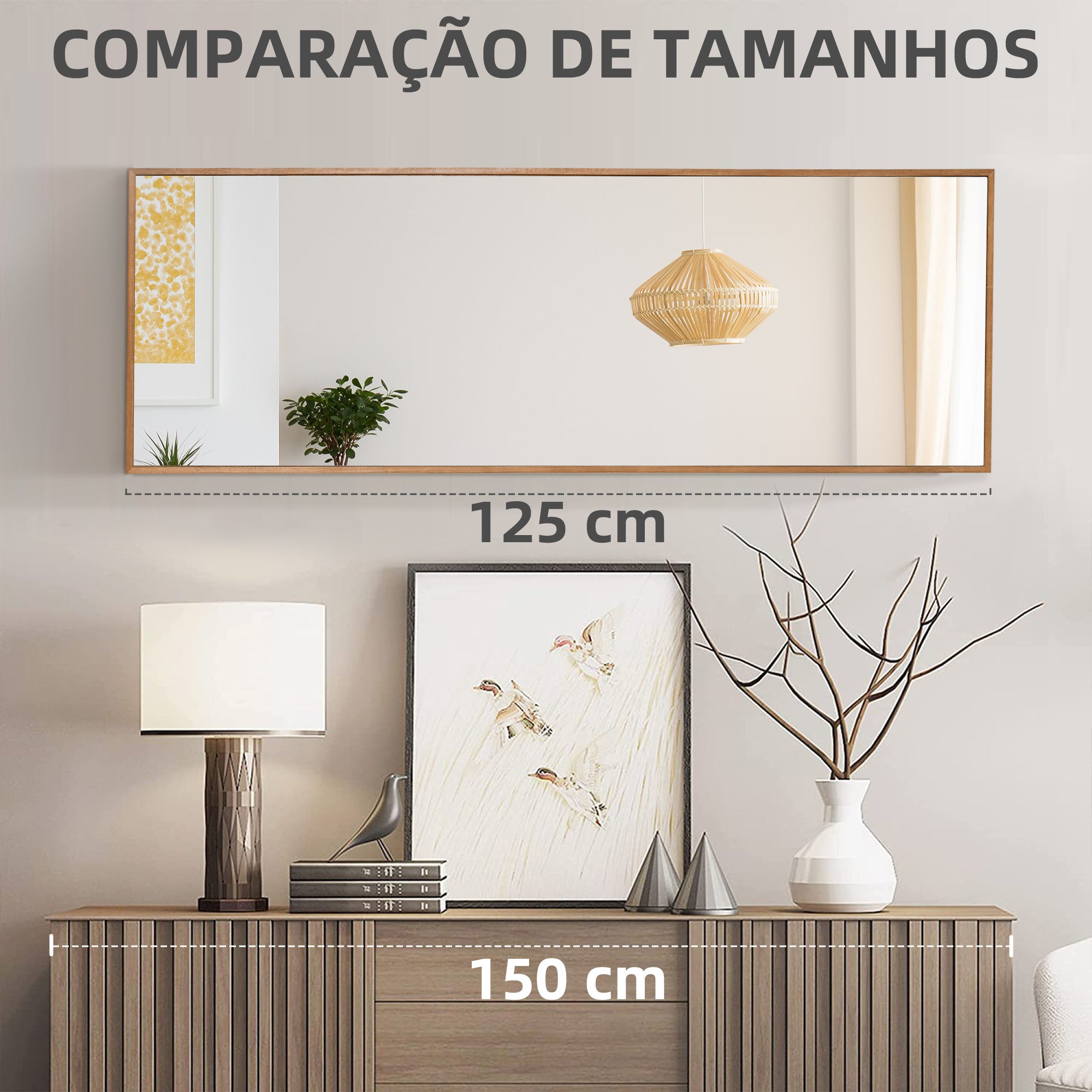 Espelho de Parede – 45x125 cm – Cor de Madeira Natural – Madeira de pinho