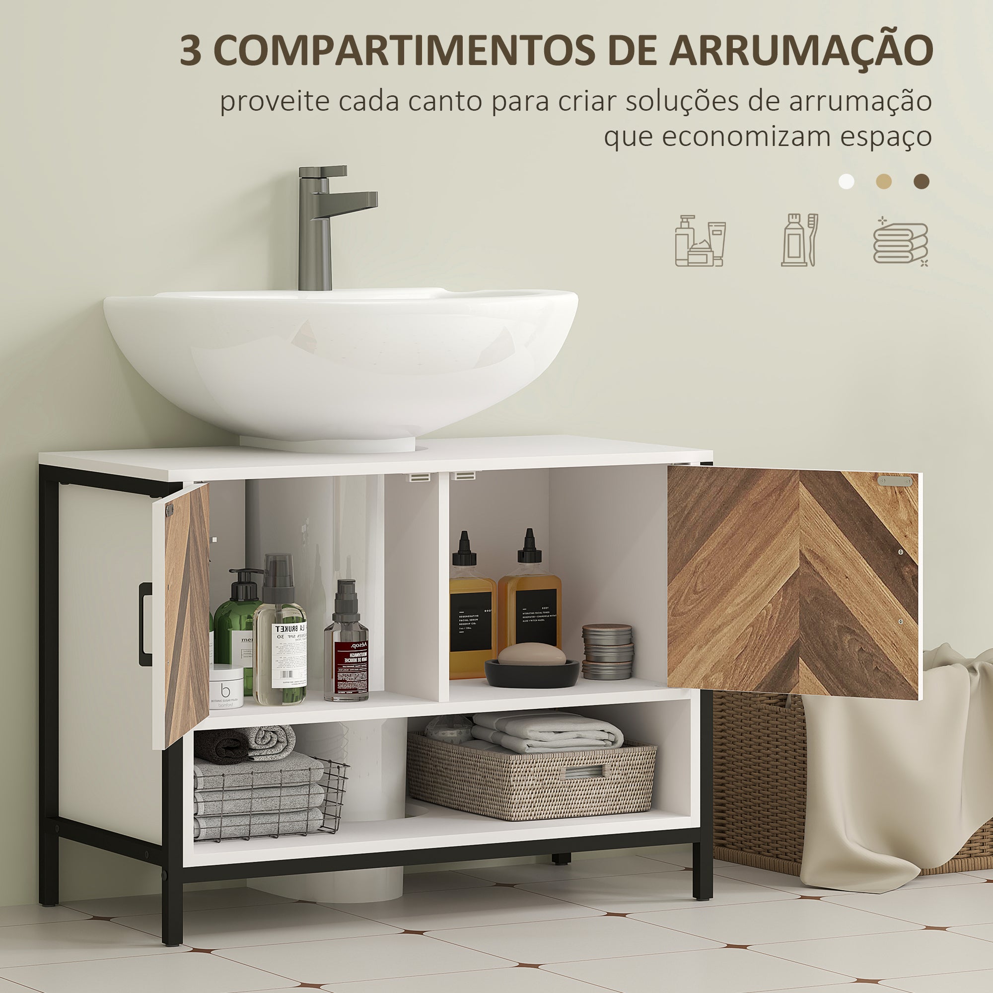 Móvel para Lavatório com 2 Portas e Compartimento Aberto 80x40x60 cm Branco e Madeira