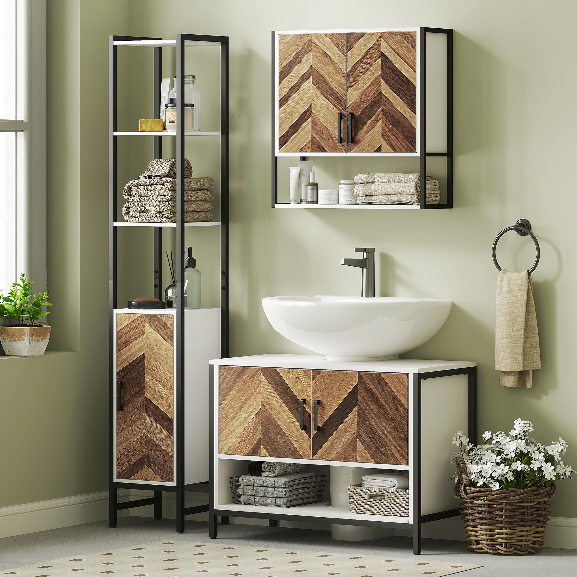Móvel para Lavatório com 2 Portas e Compartimento Aberto 80x40x60 cm Branco e Madeira