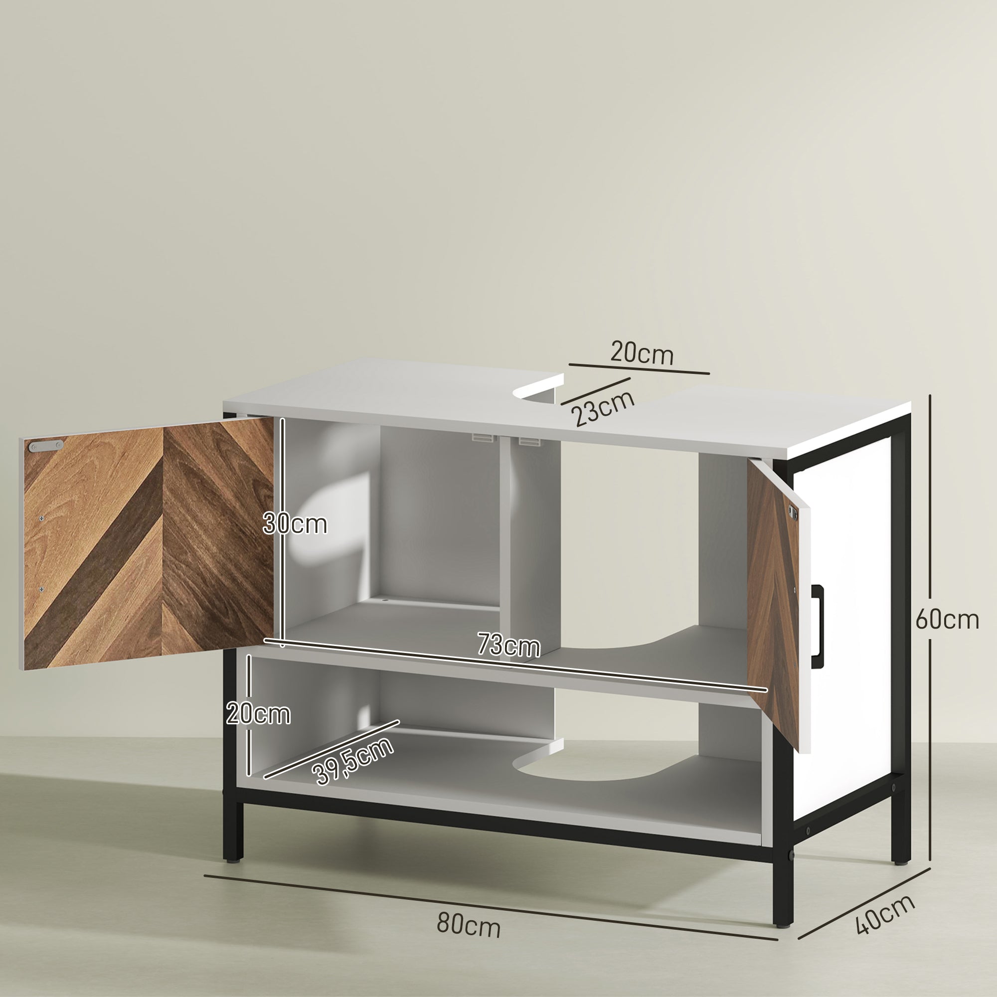 Móvel para Lavatório com 2 Portas e Compartimento Aberto 80x40x60 cm Branco e Madeira
