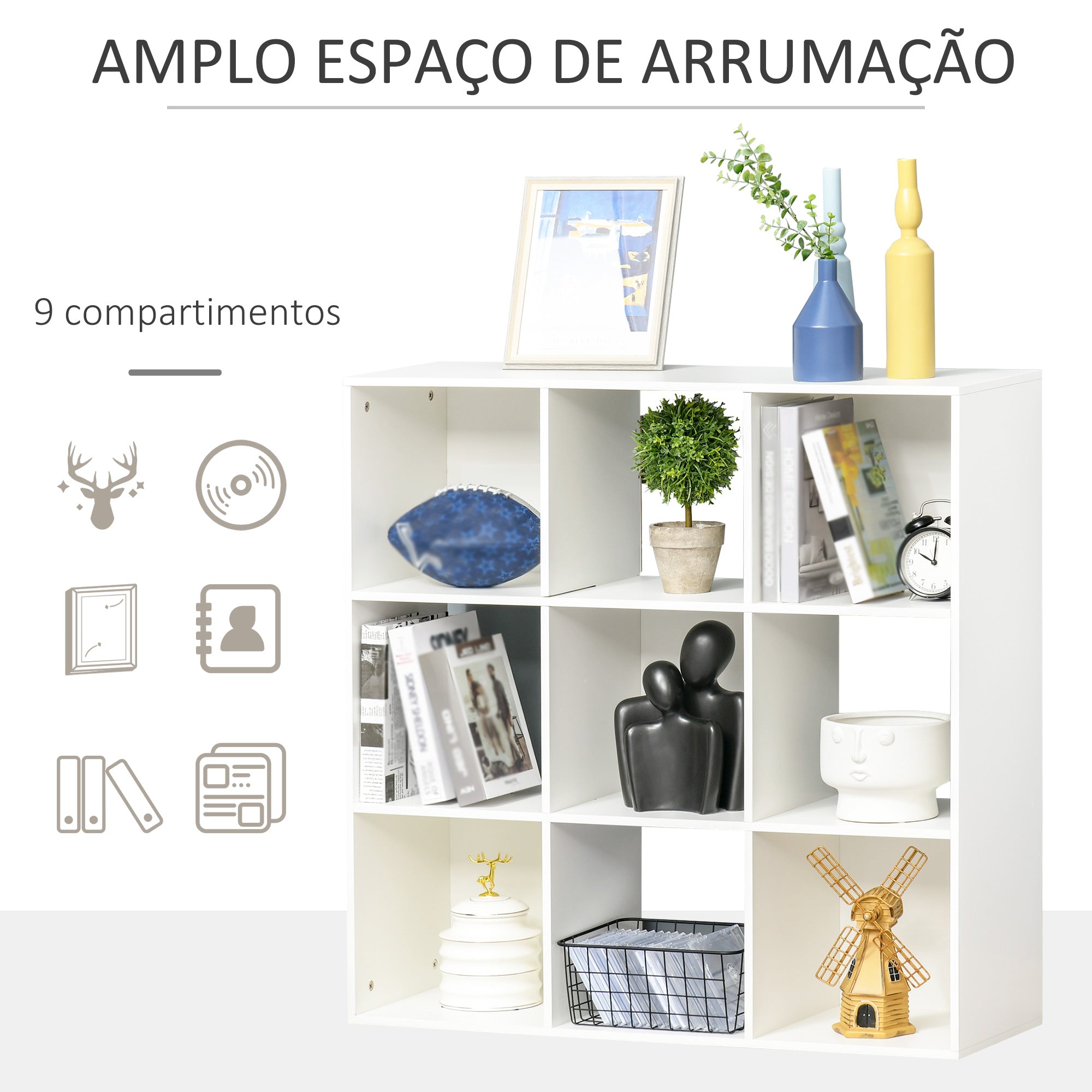 Estante de Madeira 3 Níveis 9 Compartimentos 91,5x29,5x91,5 cm Branco