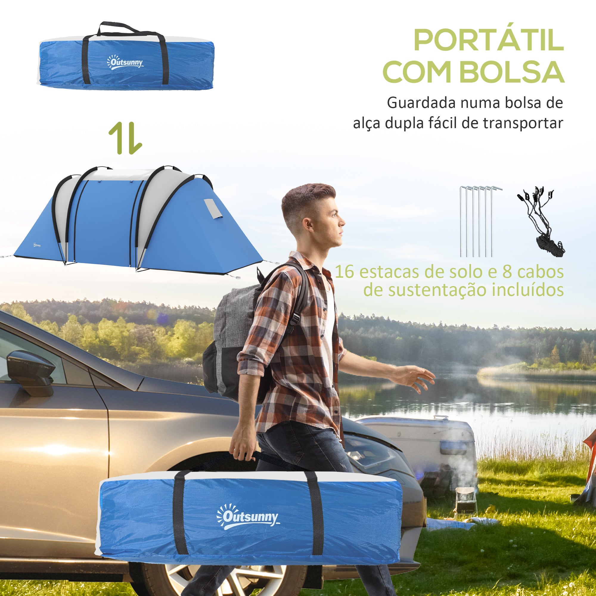 Tenda de Campismo Familiar Azul 450x220x180 cm para 4-5 Pessoas
