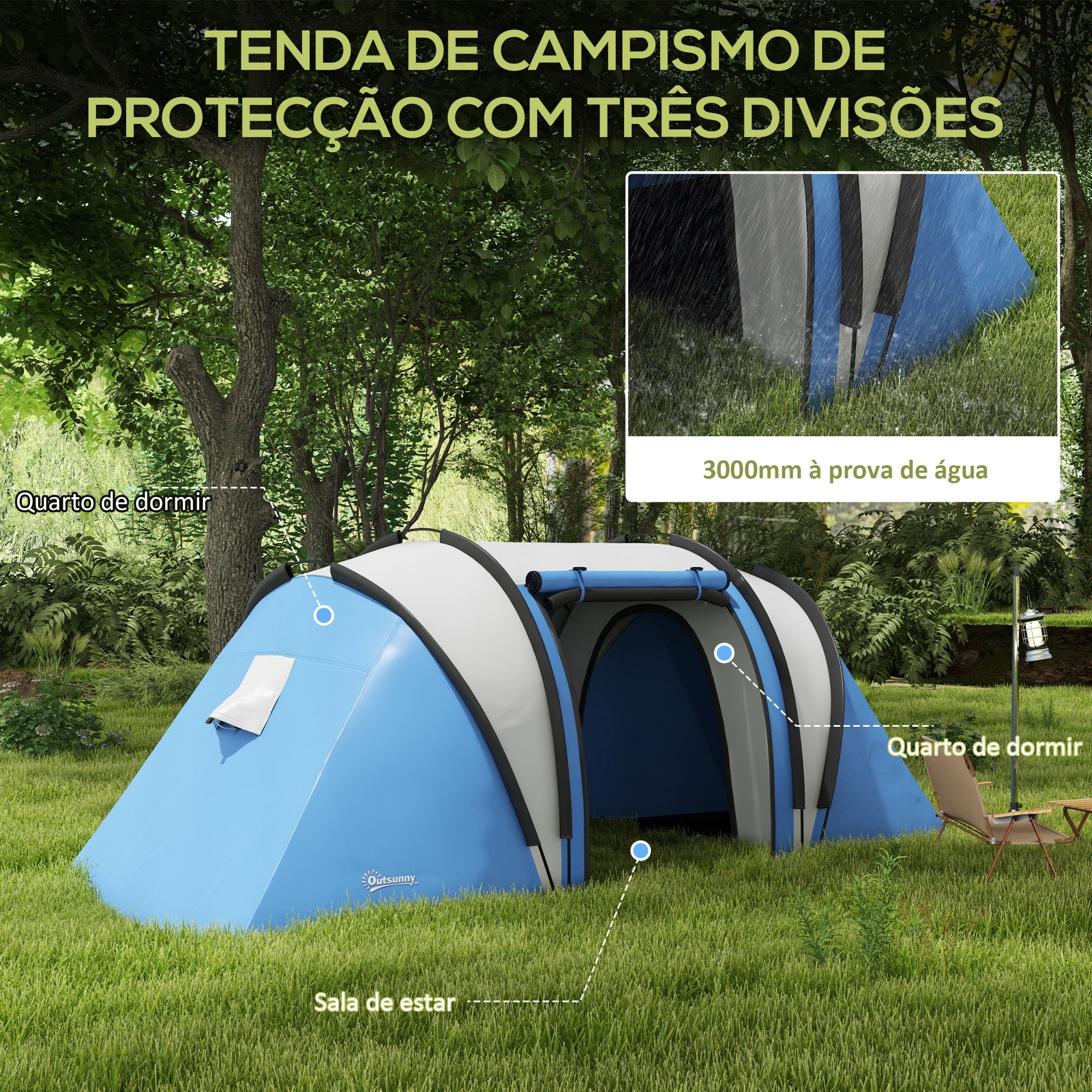 Tenda de Campismo Familiar Azul 450x220x180 cm para 4-5 Pessoas