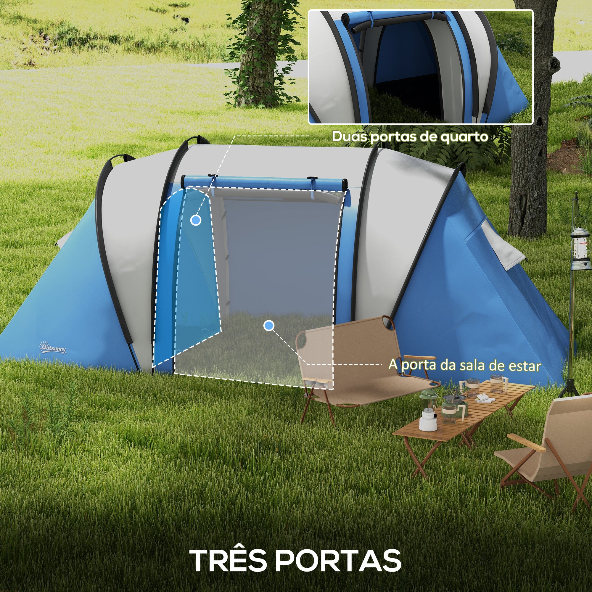Tenda de Campismo Familiar Azul 450x220x180 cm para 4-5 Pessoas