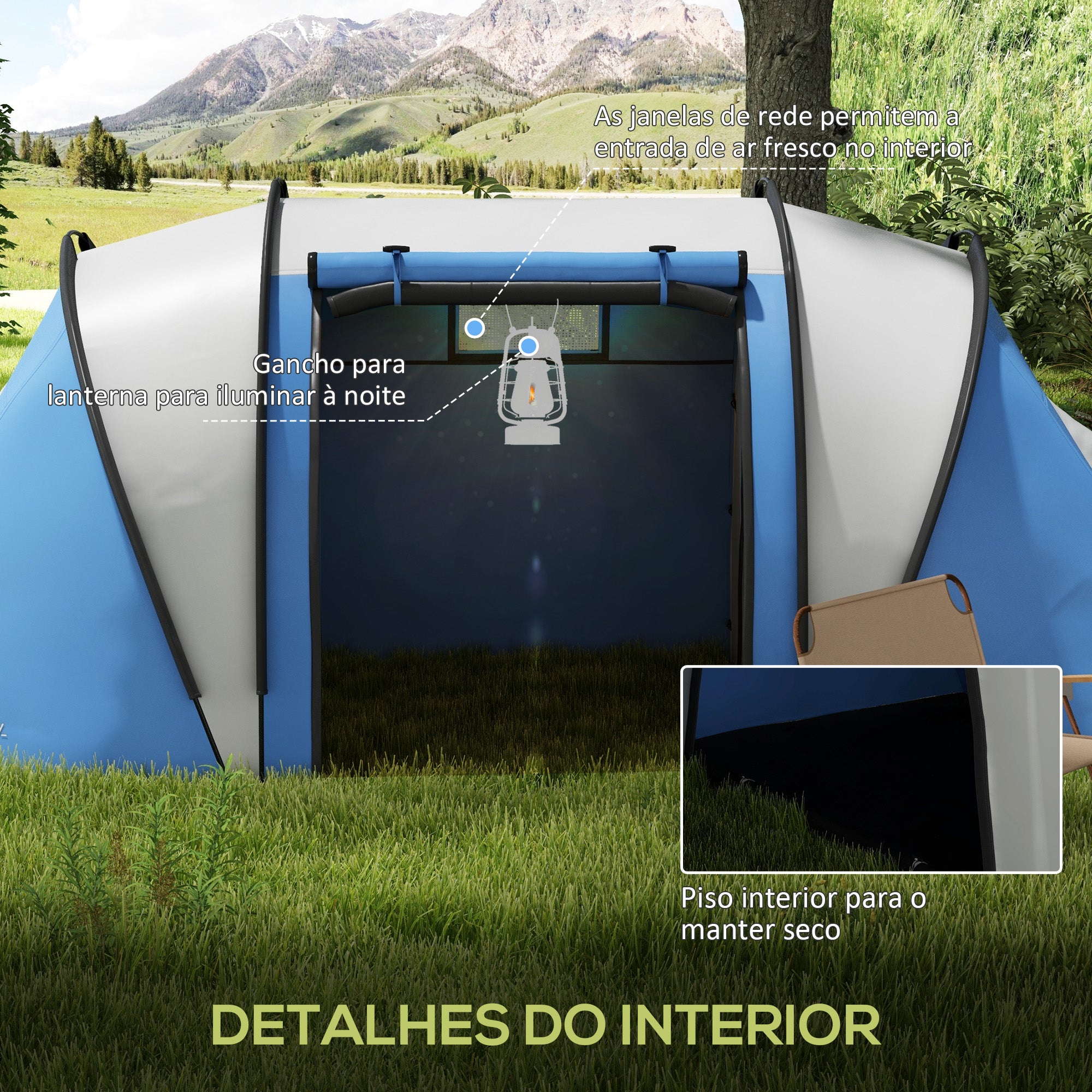 Tenda de Campismo Familiar Azul 450x220x180 cm para 4-5 Pessoas