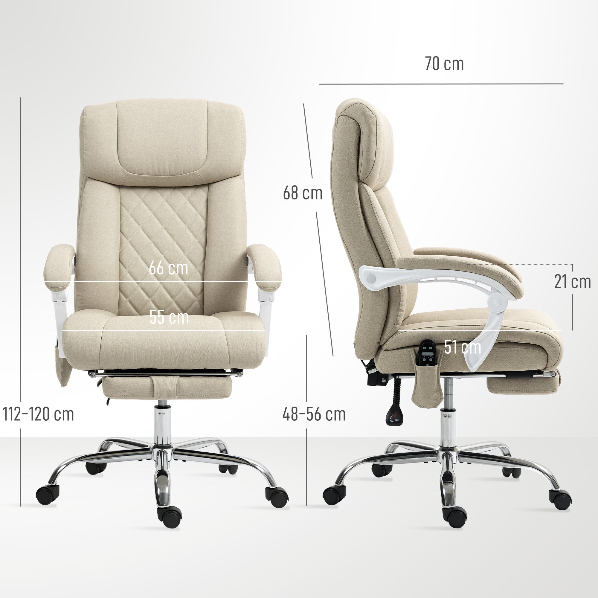 Cadeira de Escritório Reclinável com Massagem e Aquecimento 66x70x112-120 cm - Cor Bege