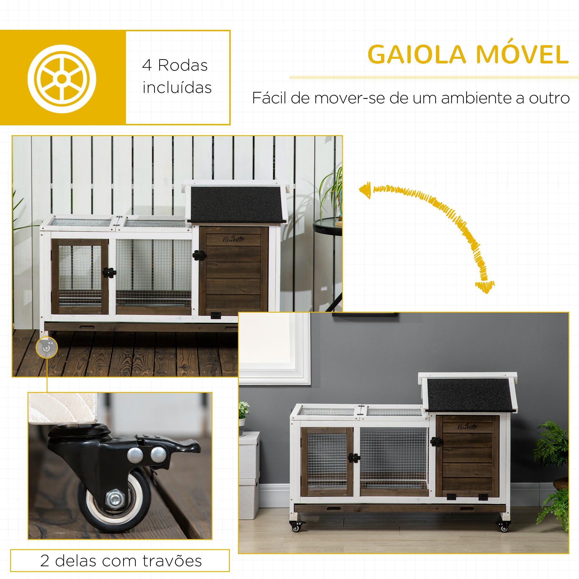 Coelheira de Madeira com Rodas – 108x58x73,5 cm – Marrom Café e Branco – Madeira de Abeto