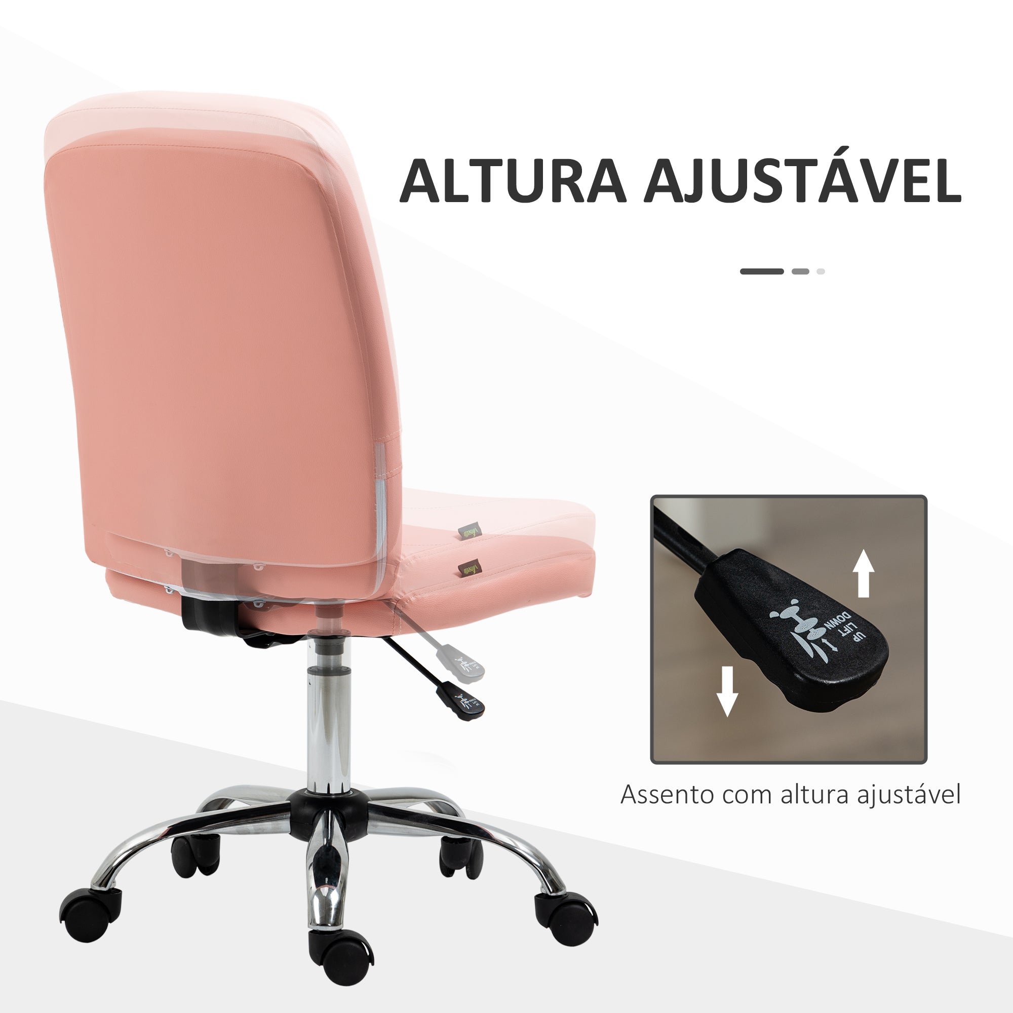 Cadeira de Escritório Estilo Moderno – 45x59x90-100 cm – Rosa – PVC, espuma, aço e placa multicamadas