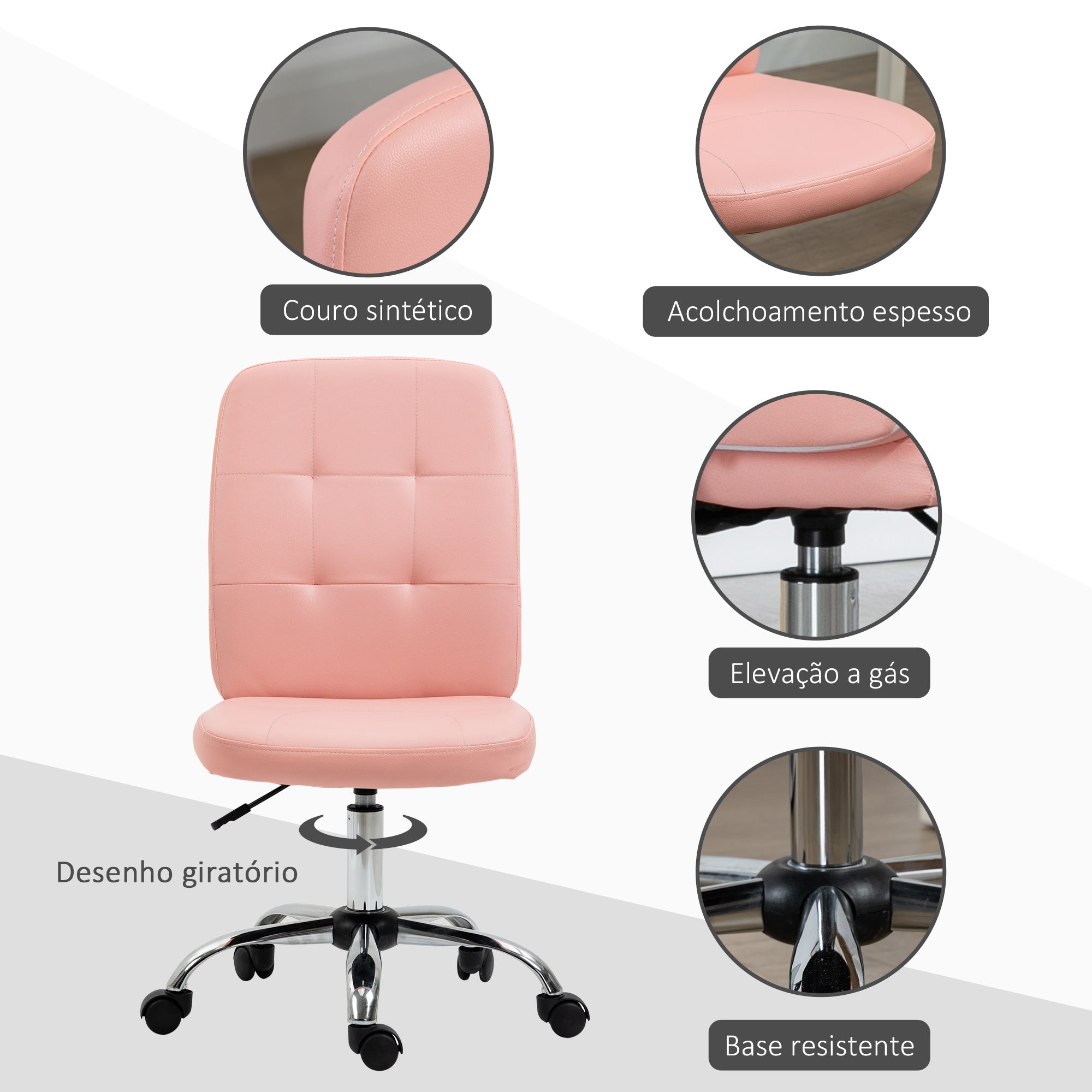 Cadeira de Escritório Estilo Moderno – 45x59x90-100 cm – Rosa – PVC, espuma, aço e placa multicamadas