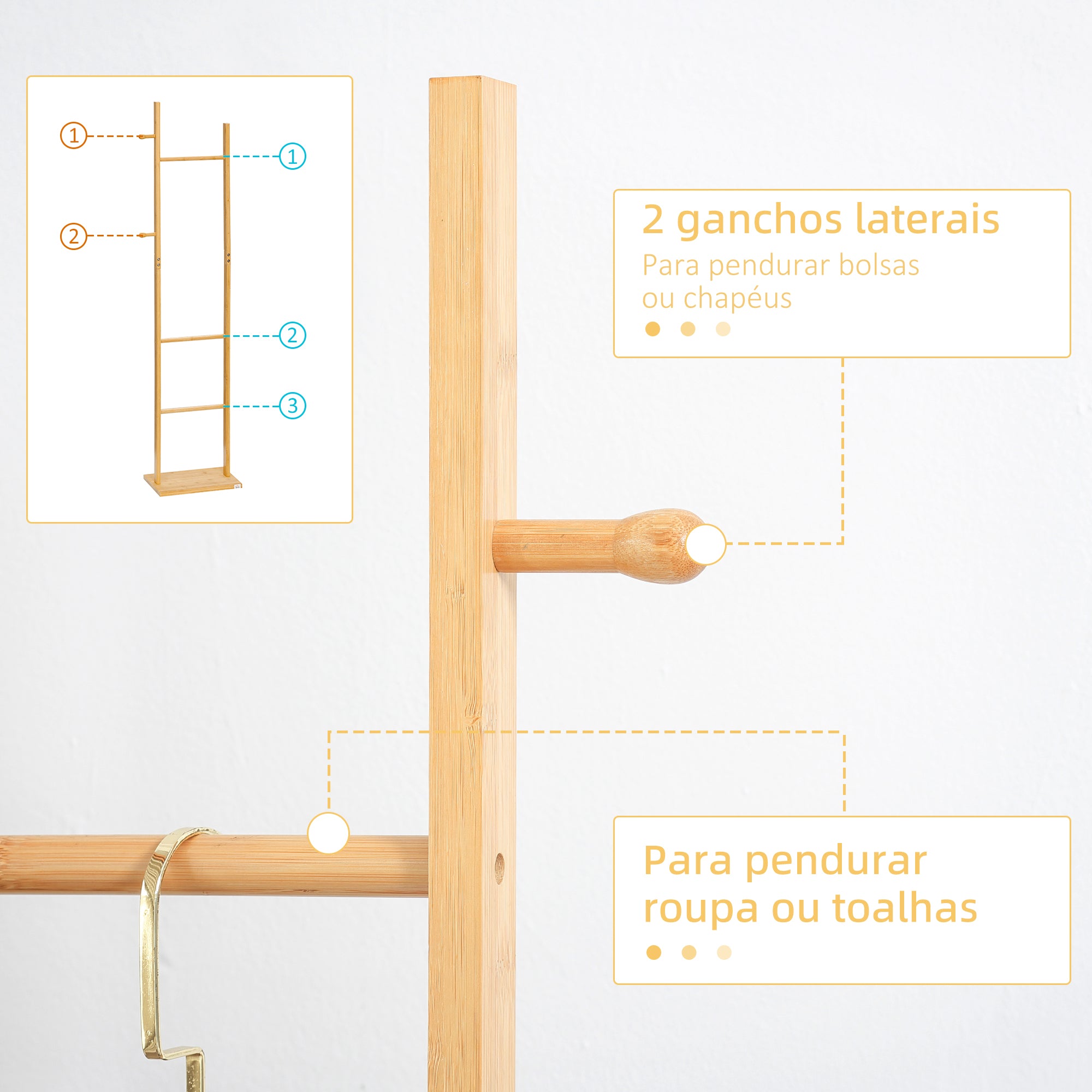 Cabide de Pé de Bambu com 2 Ganchos e 3 Barras Suspensas - Cor de Madeira Natural - 36x24x168cm