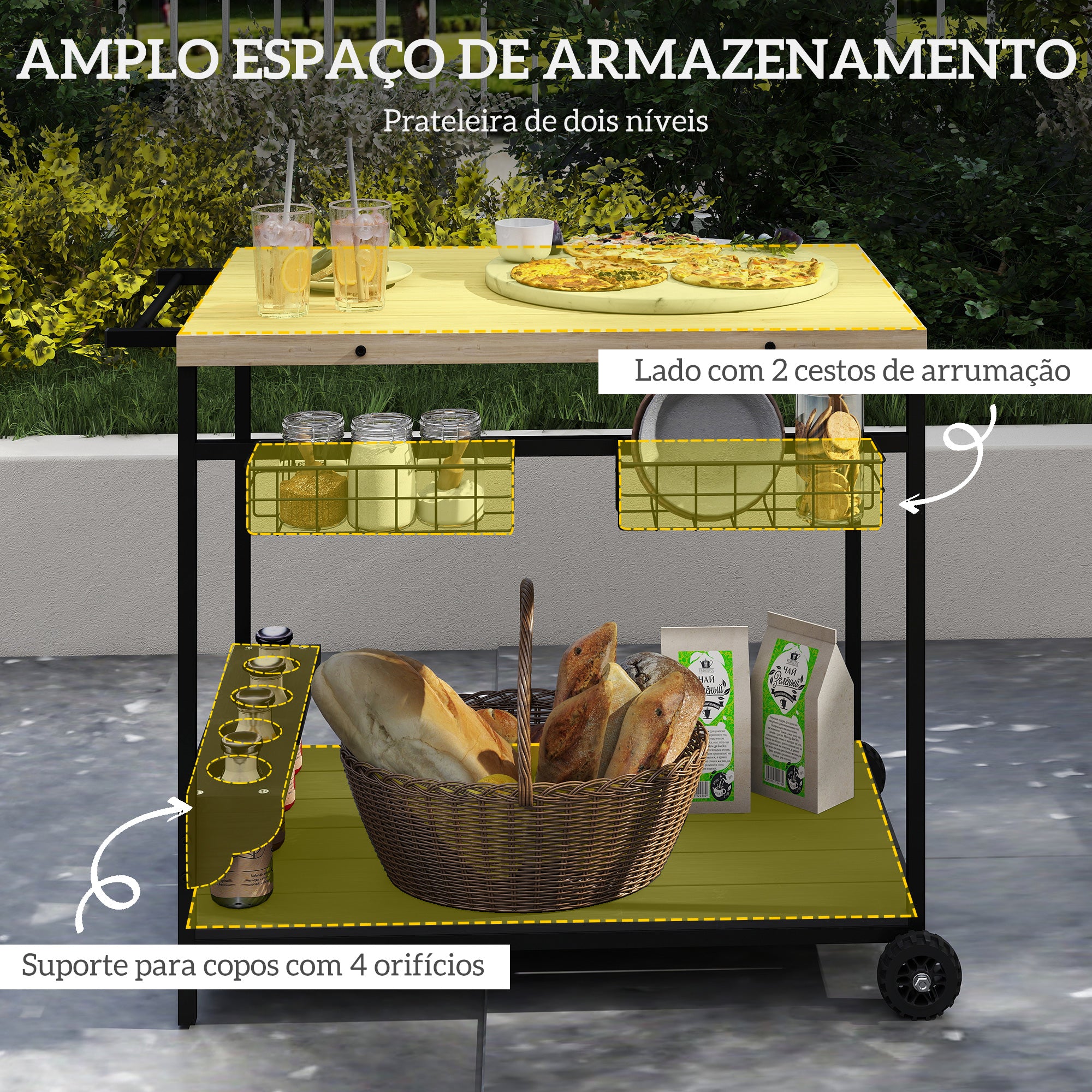 Carrinho Auxiliar com Rodas de Madeira 97,5x65x81 cm - Madeira e Preto