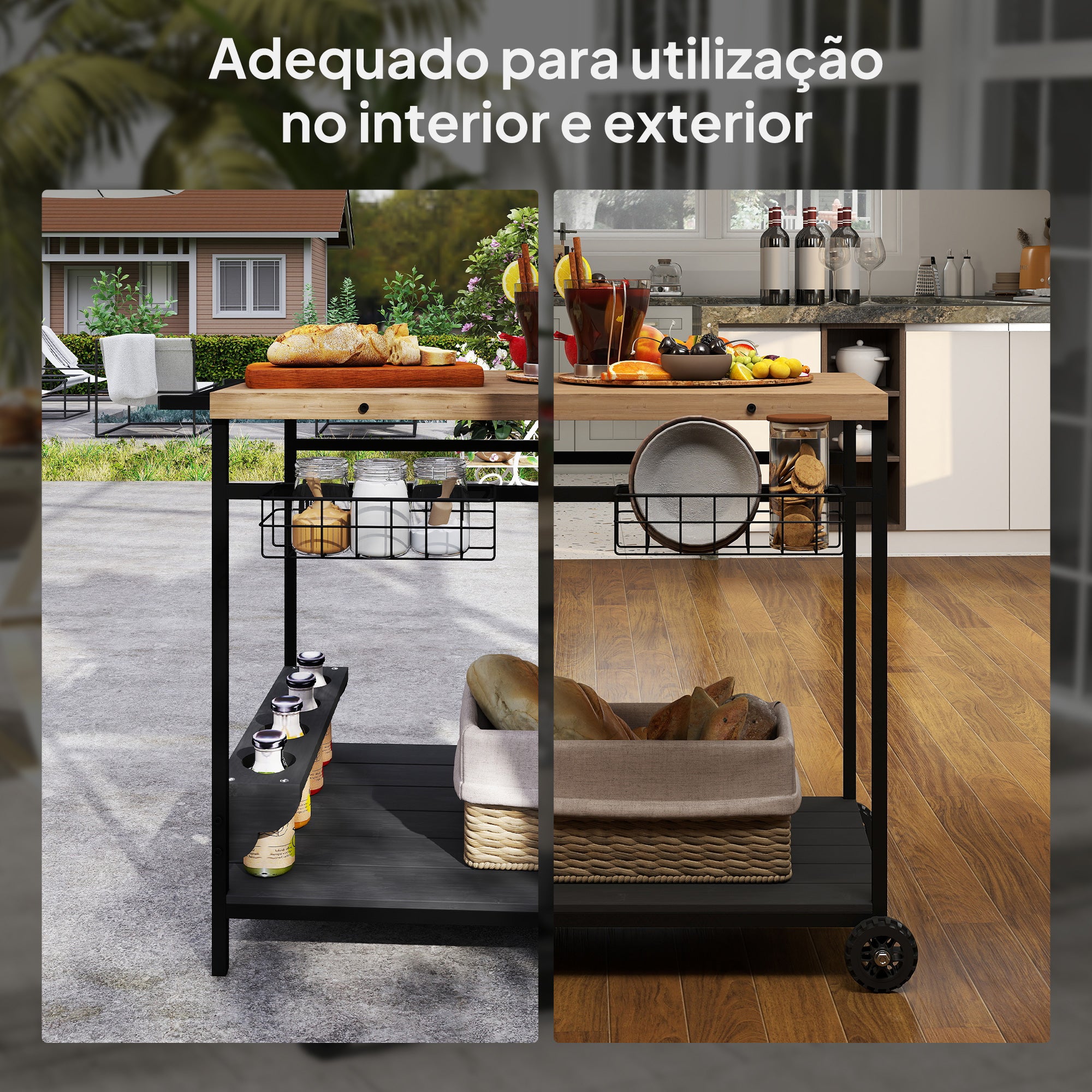Carrinho Auxiliar com Rodas de Madeira 97,5x65x81 cm - Madeira e Preto