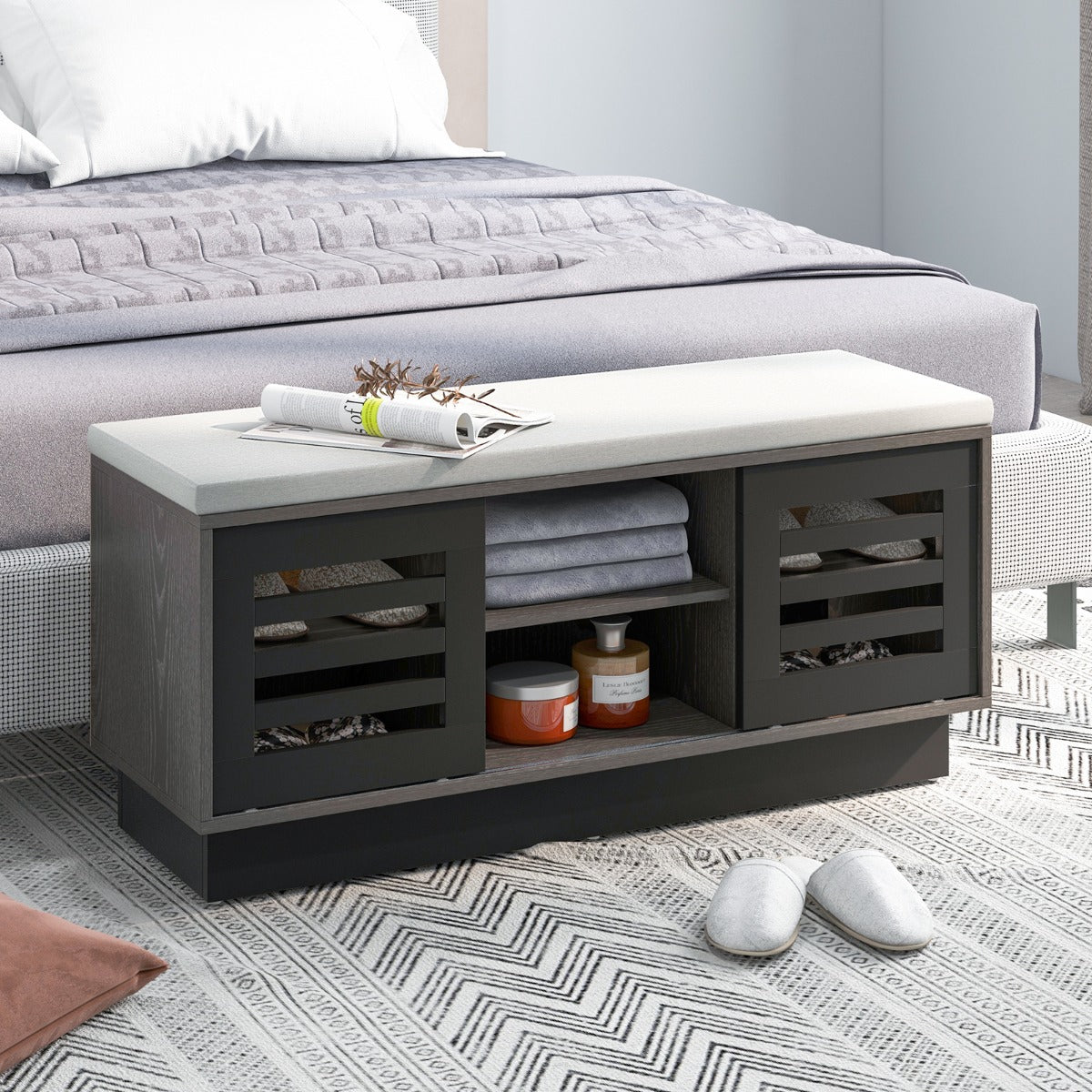 Banco Acolchoado – 99,5 x 34,5 x 46 cm – Cinzento