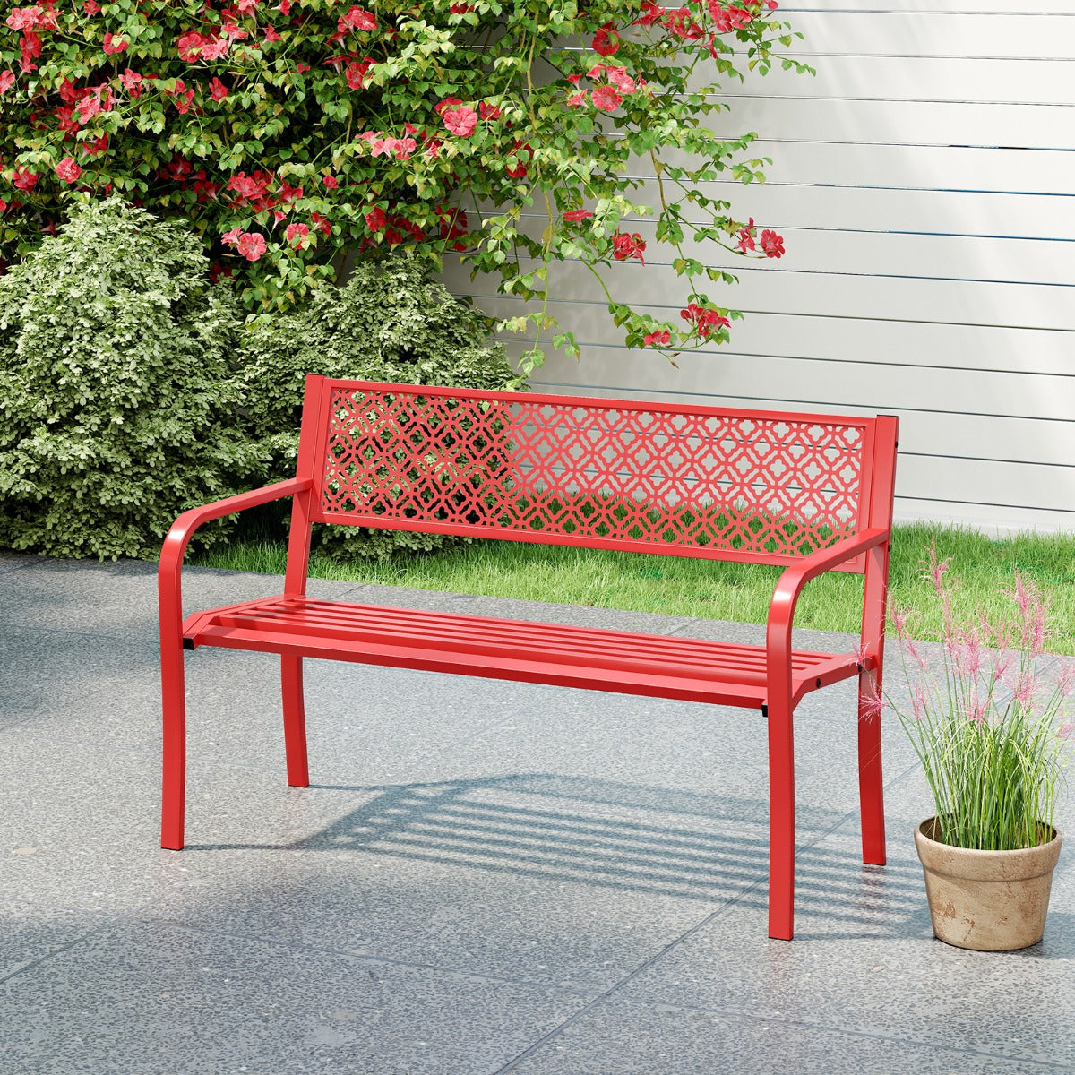 Banco de Jardim para Exterior com 2-3 Lugares e Encosto Decorado e Braços Vermelho