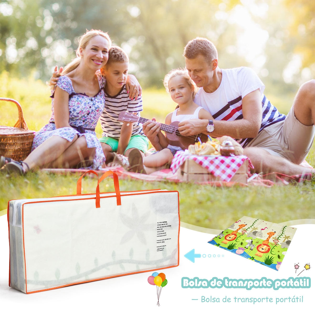 Tapete Dobrável e Reversível de Jogo em Material Atóxico para Crianças 200 x 180 x 1,4 cm