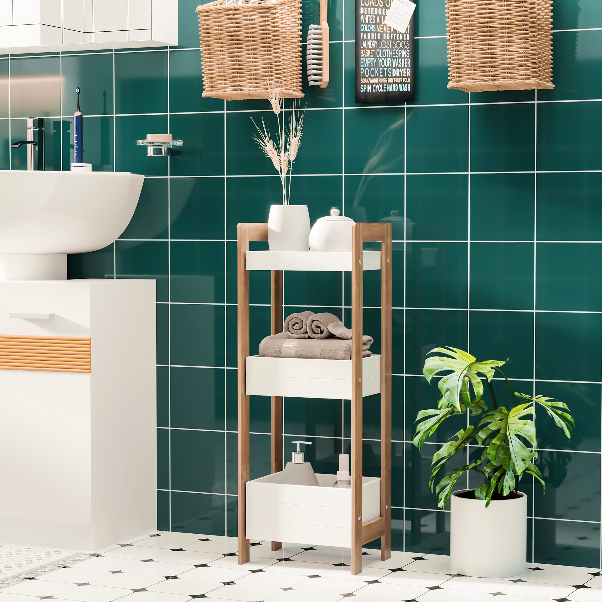 Móvel Auxiliar de Banheiro com 3 Prateleiras de Bambu 27,5x20,8x74 cm Cor Branco e Natural